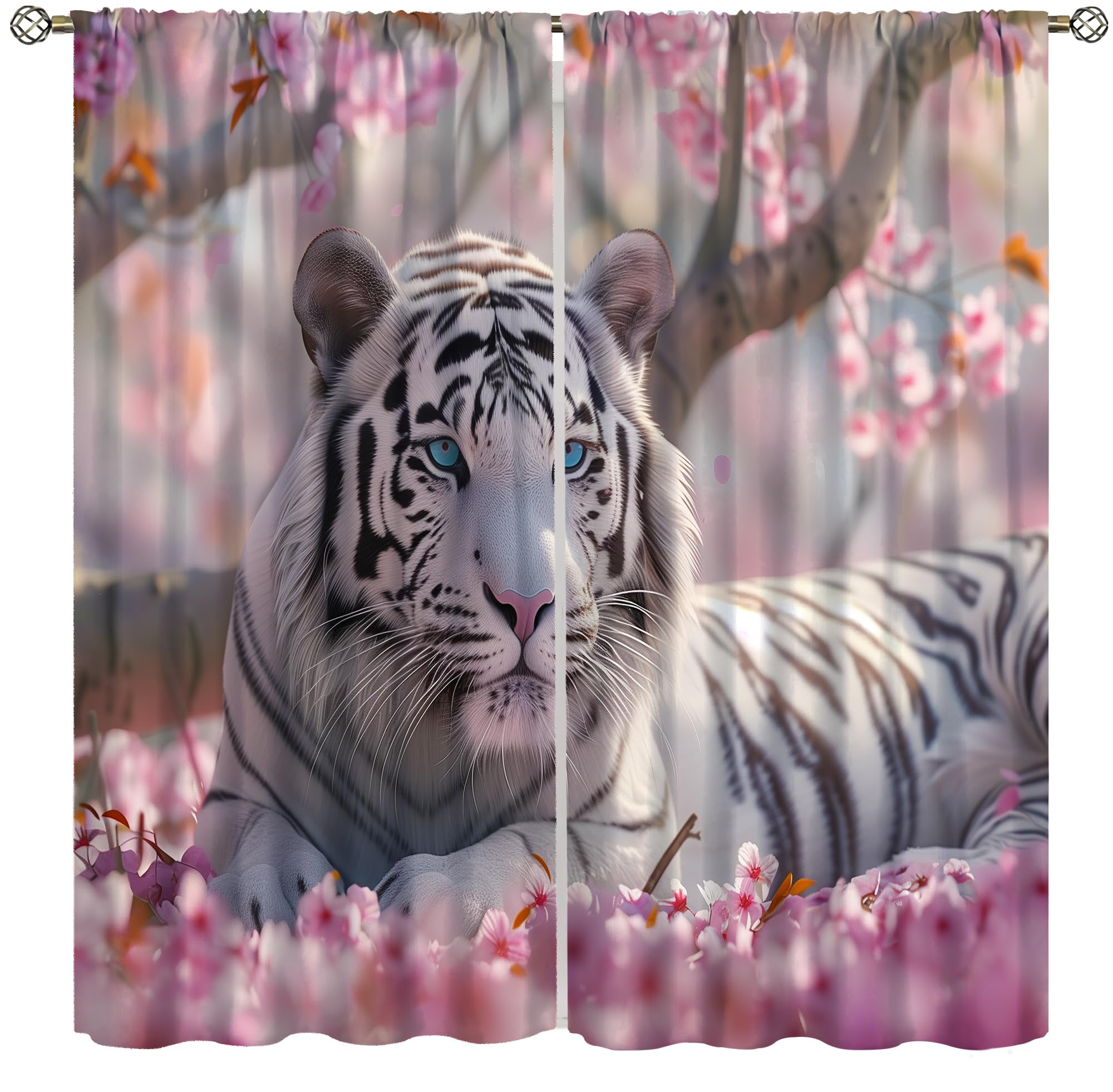 Tiger Curtains, Pink Cherry Blossom Forest White Elegant Tiger Animal Window Treatments Rod Pocket Drapes for Kids Boys Girls Bedroom Living Room 42x45in（No Blackout）