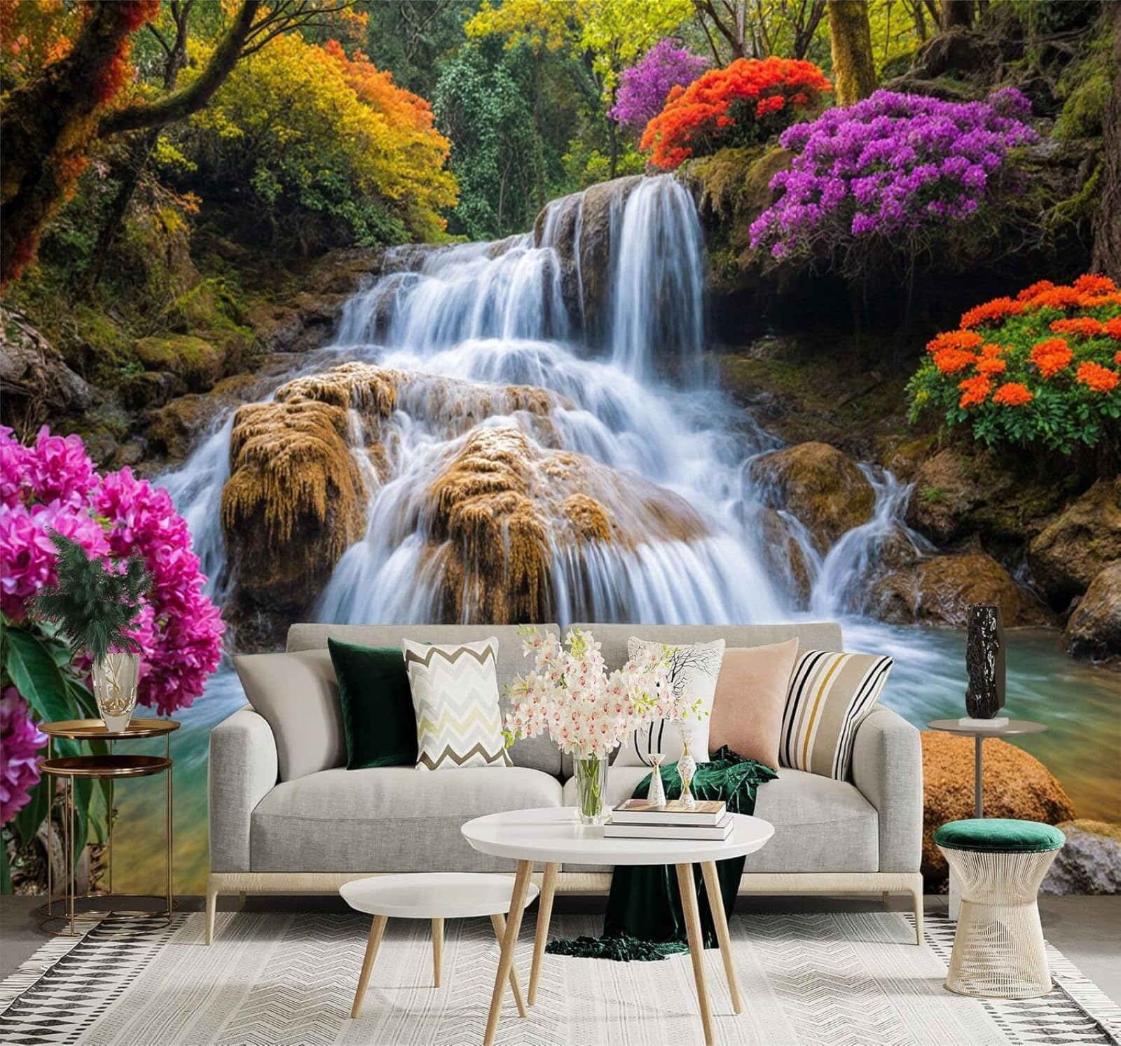 XLMING Vibrant Colours Waterfall Flowers Forest Stream Goldfish 3D Wallpaper Premium Textured Silk Study Dining Living Room Bedroom Sofa TV Wall Easy Install-400cm×280cm