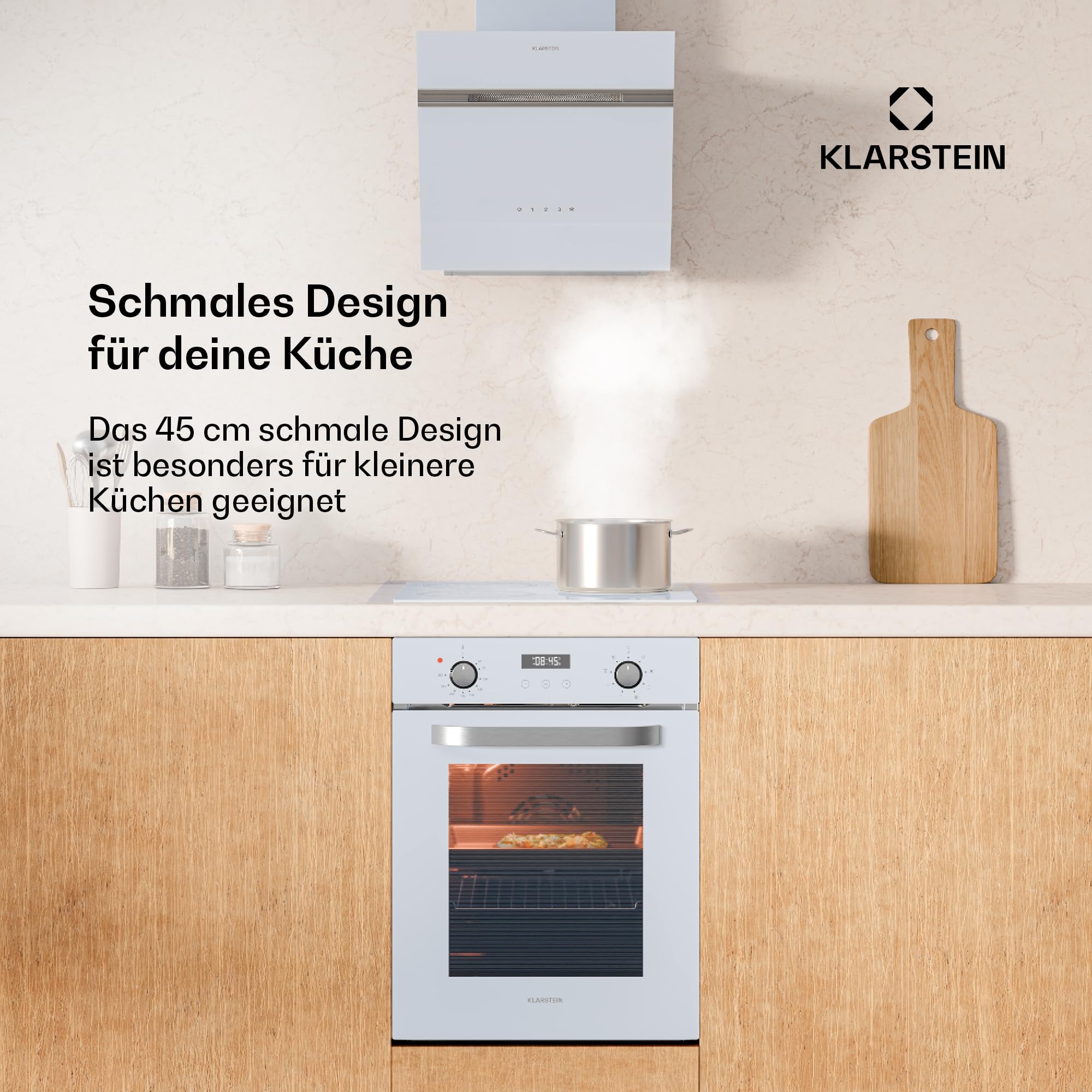 Klarstein SmartSlim Einbaubackofen - 45 cm, 49 L, 9 Funktionen, Dampfreinigung, Abnehmbare Glastür, Energieklasse A, Schwarzes Glas, Digitaler Timer, Backofen Einbaugerät