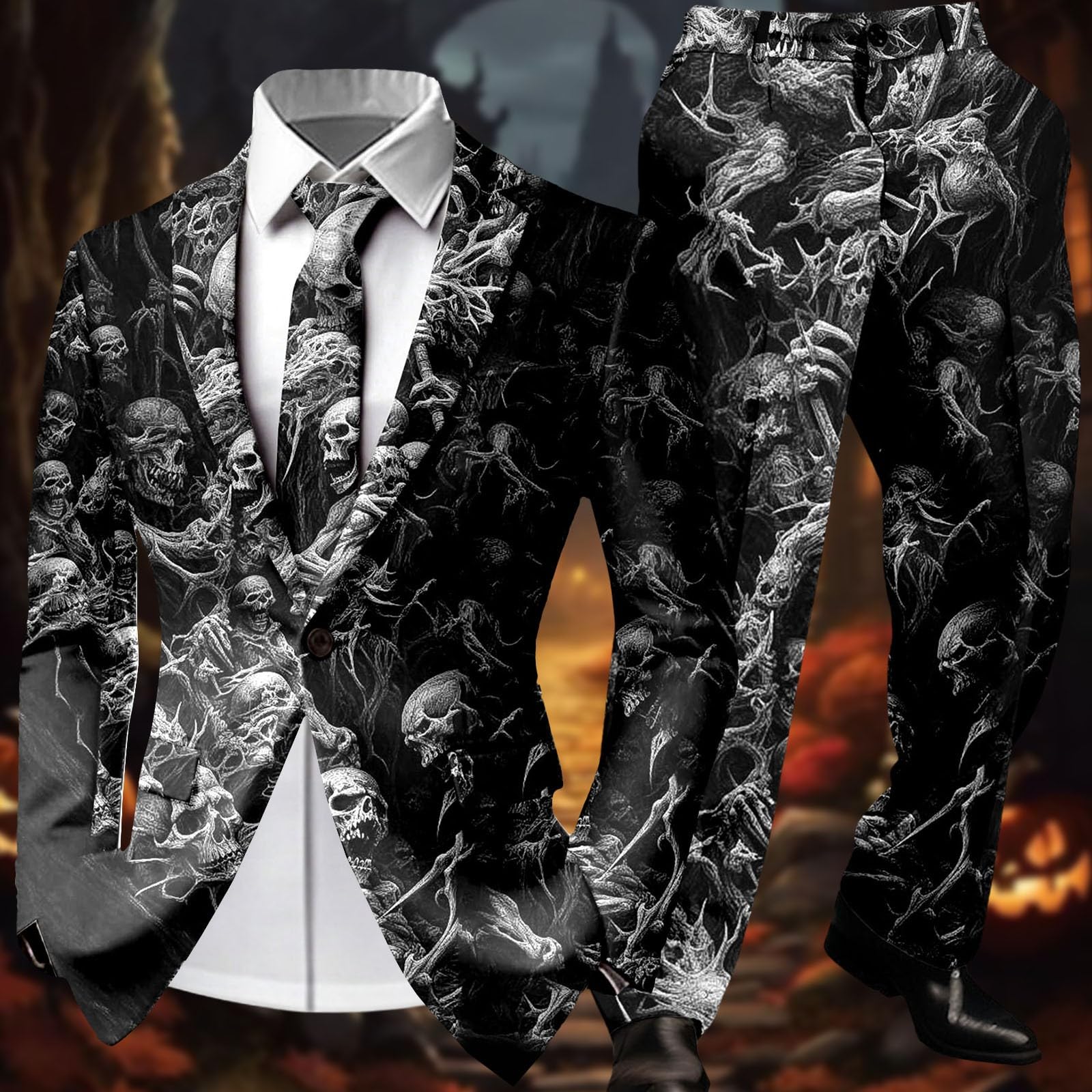 Generisch Tuta da uomo di Halloween, con stampa di zucca, 2 pezzi, vestibilità regolare, tuta da uomo a due bottoni, giacca e pantaloni da lavoro, vestibilità aderente, per il tempo libero