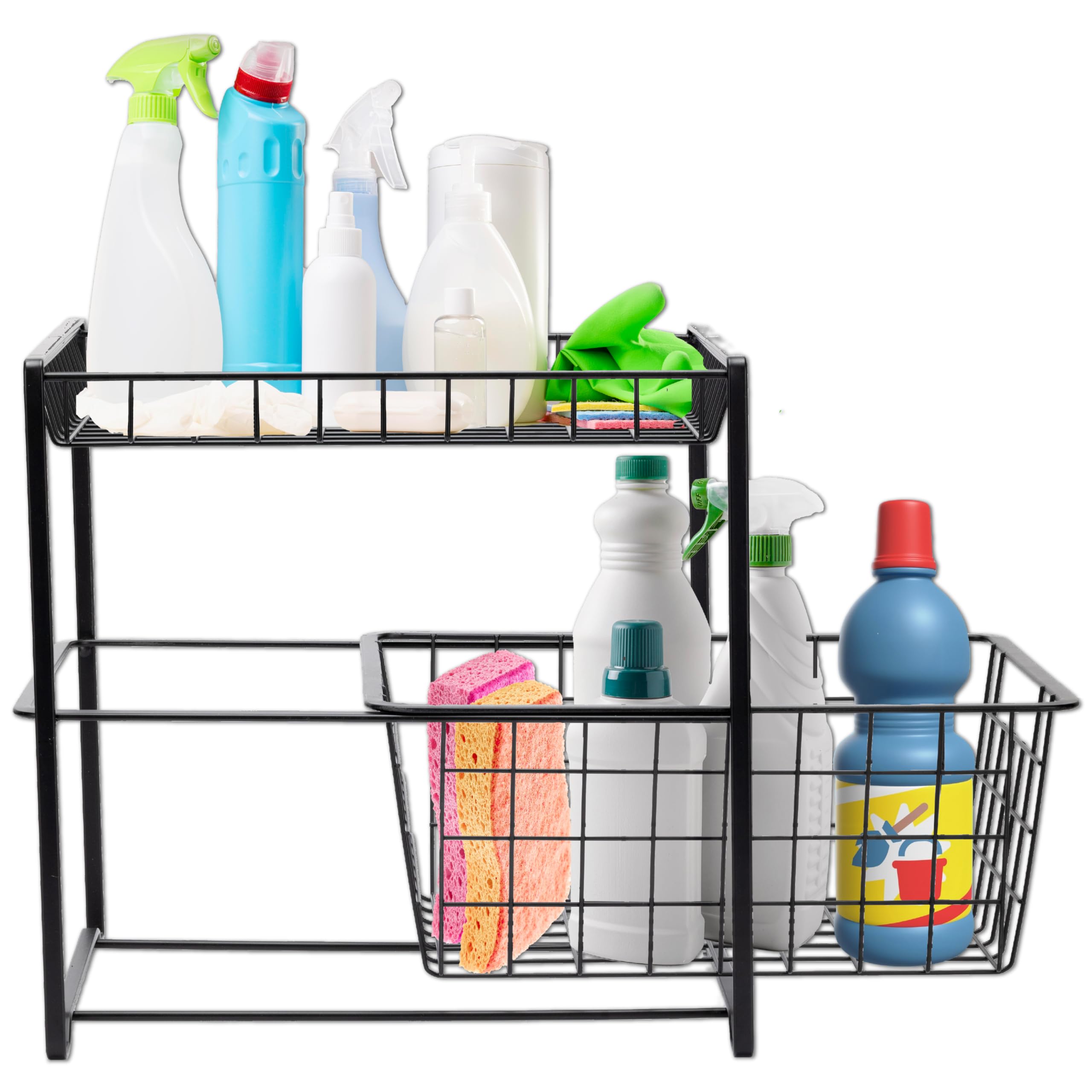 Organizer Sottolavello Cucina Nero - 2 Ripiani Con Cestello Estraibile - Per Detersivi E Accessori - Acciaio Resistente - Foto 1