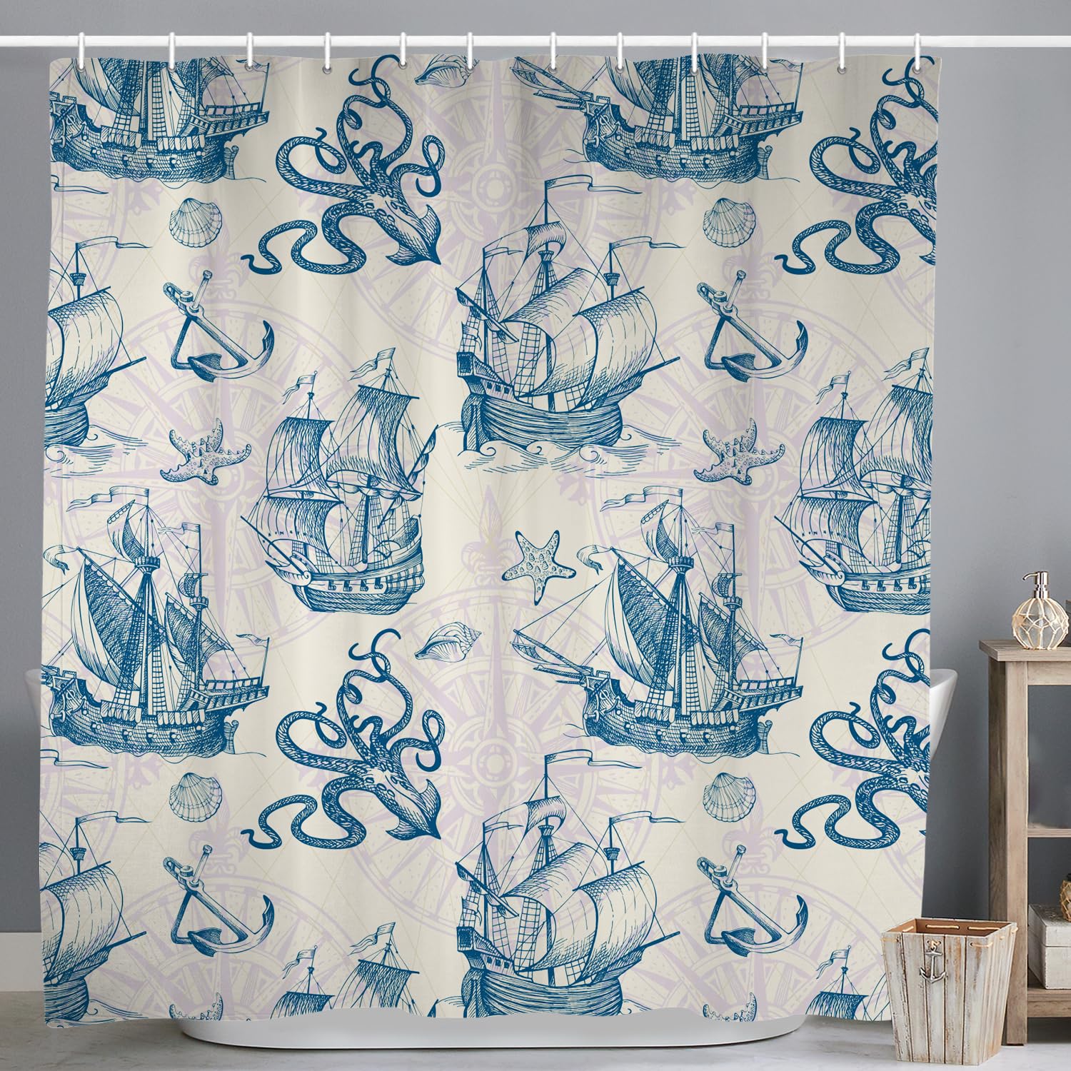 ASDCXZ Maritime Shower Curtain 180x240 cm, Maritime Nautical Sailboat Anchor Sea Animals Octopus Shells Washable Shower Curtains Polyester Textile Waterproof Bath Curtain for Bathtub with 12 Hooks — image 1