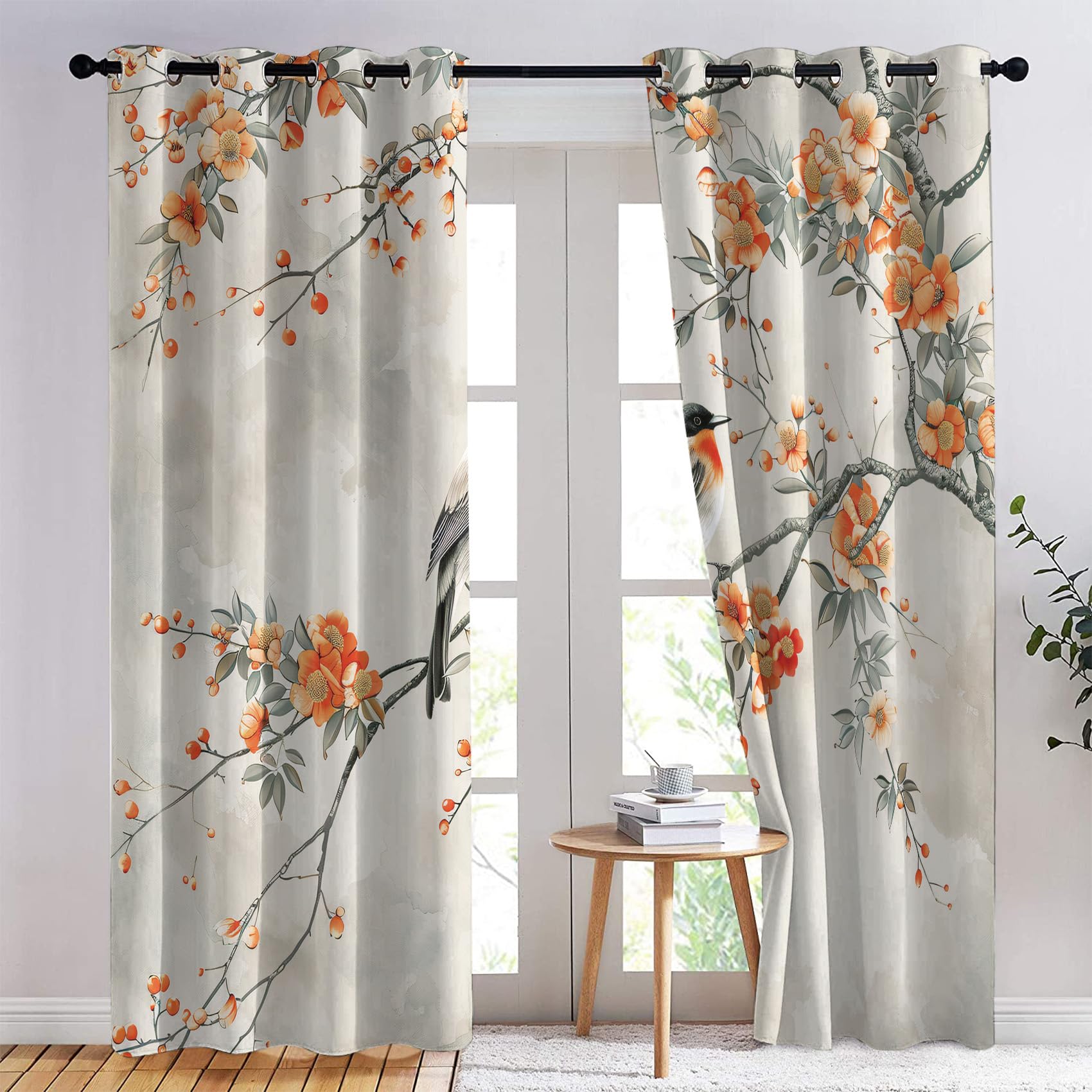 Orientalne kwiatowe zasłony zaciemniające z ptakami do sypialni salonu dekoracja wnętrz termiczna zasłona na przelotkach 102 x 160 cm, dekoracje okienne, 2 panele