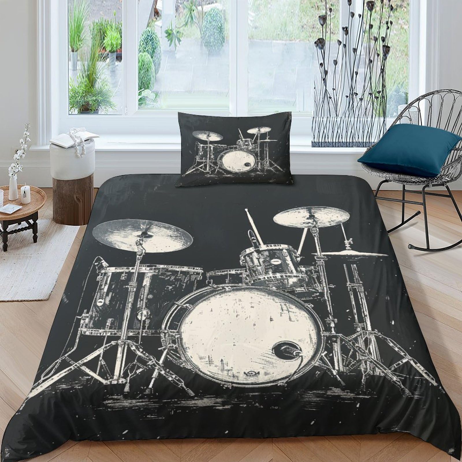 NRAOPEVVD Drum Kit 3Pcs Bedding Set Printed Quilt Cover,3D Duvet Cover for Boys Adult, Microfibre, with Pillowcases Easy Care Microfiber Comforter Cover Hidden Zipper Single（135x200cm）