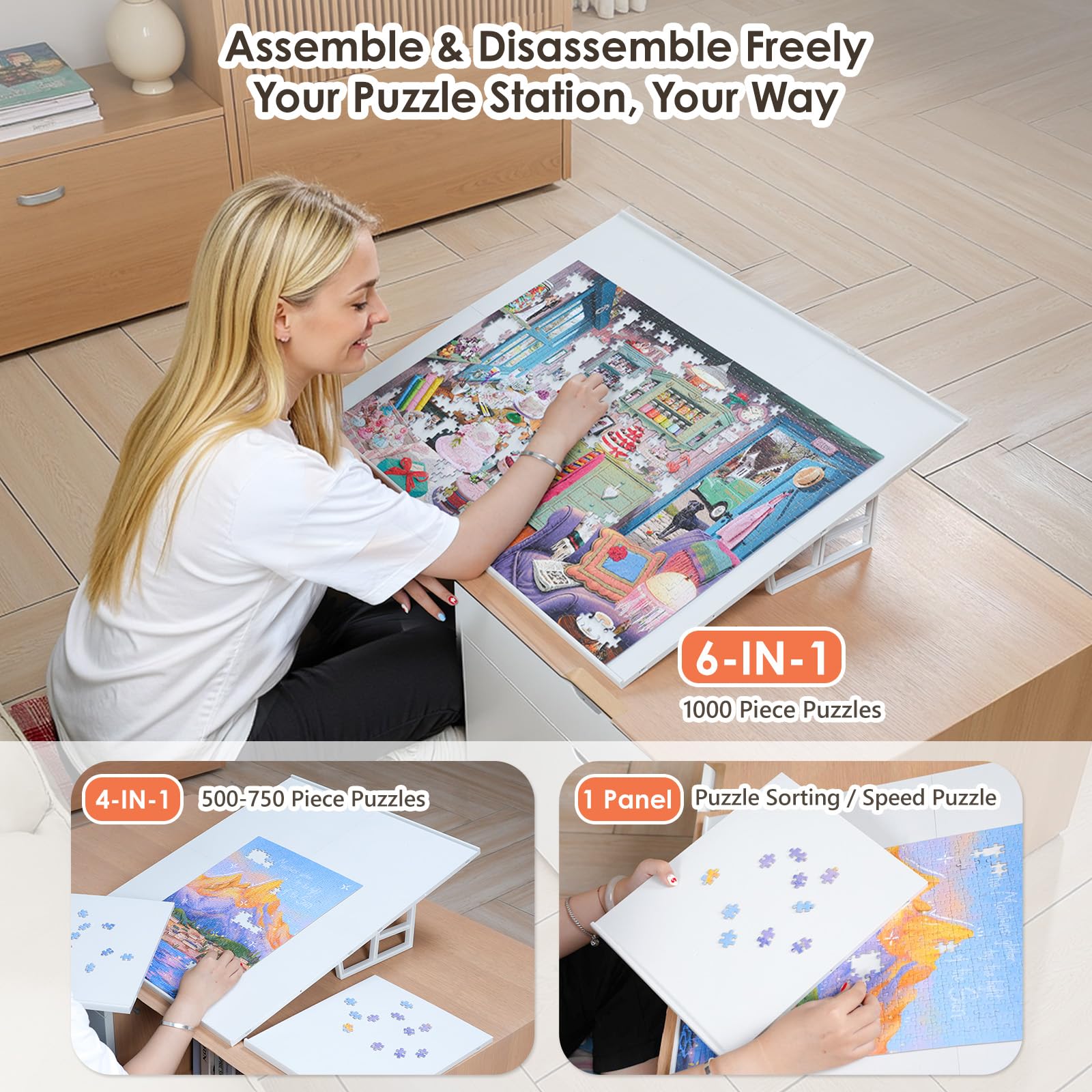 WELGEE Tavola puzzle inclinabile fai da te, con 6 pannelli modulari e supporto, tavolo puzzle portatile leggero per adulti e anziani, accessorio puzzle personalizzabile solo 1,6 kg (bianco)