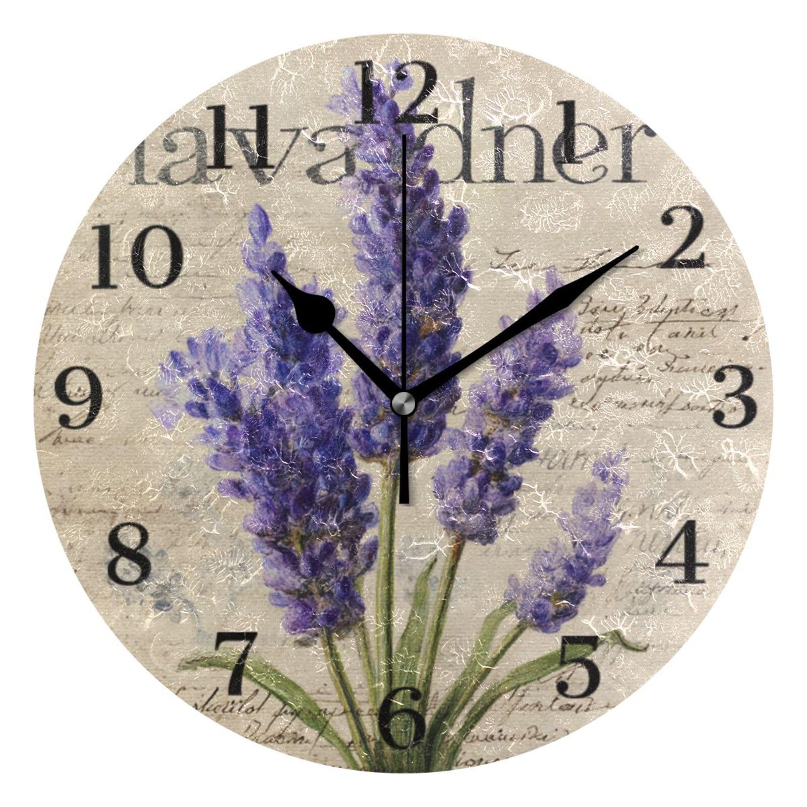Ensound Vintage Lavender Flowers Wall Clock Silent Non-Ticking Battery Operated Clocks 12 Inch for Kitchen Home Living Room