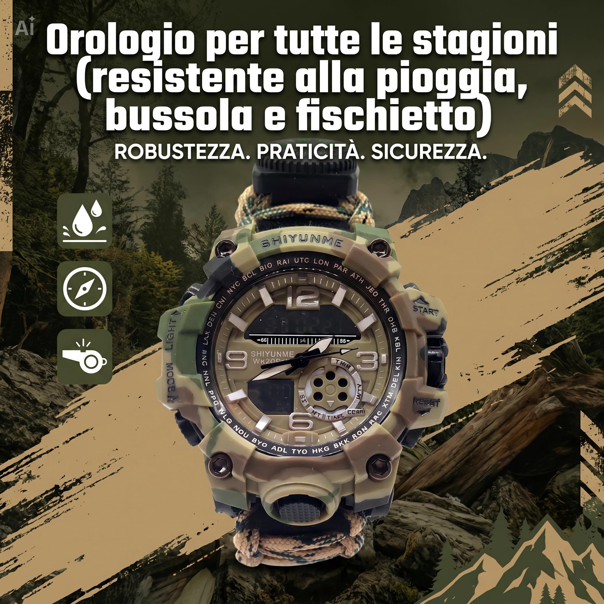 Bracelet tactique multifonction 7 en 1 - Montre de survie avec boussole, thermomètre, sifflet et corde de parachute de 113 kg - Pour camping, randonnée et escalade