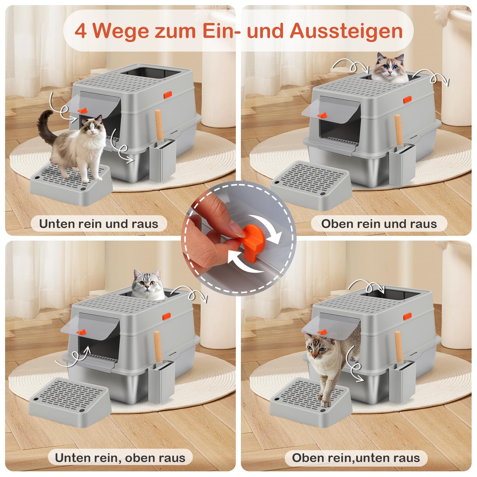 Edelstahl Katzenklo mit Deckel, 60.5*40.5*38 cm Katzentoilette Geschlossen | XXL Metall Katzenklo Edelstahl , 35L Große Kapazität, Schaufel und Fußpedal, Hoher Rand, Auslaufsicher und Leicht Reinigen