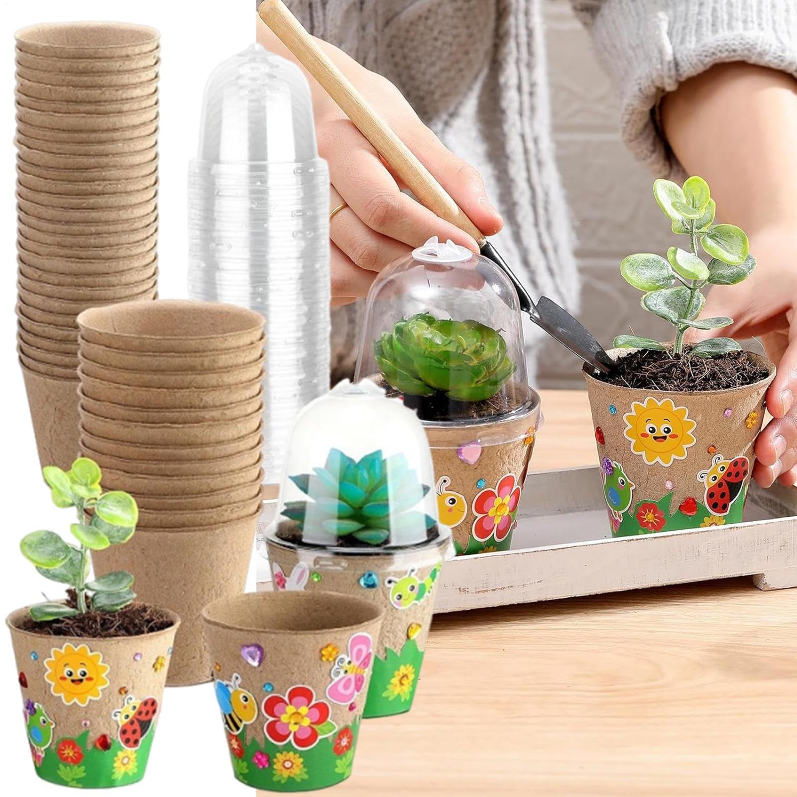 Macetas Infantiles | 30X Macetas Pequeñas con Cúpulas - Kit De Manualidades De Jardín En Papel con Calcomanías para Aprender A Sembrar En Exteriores