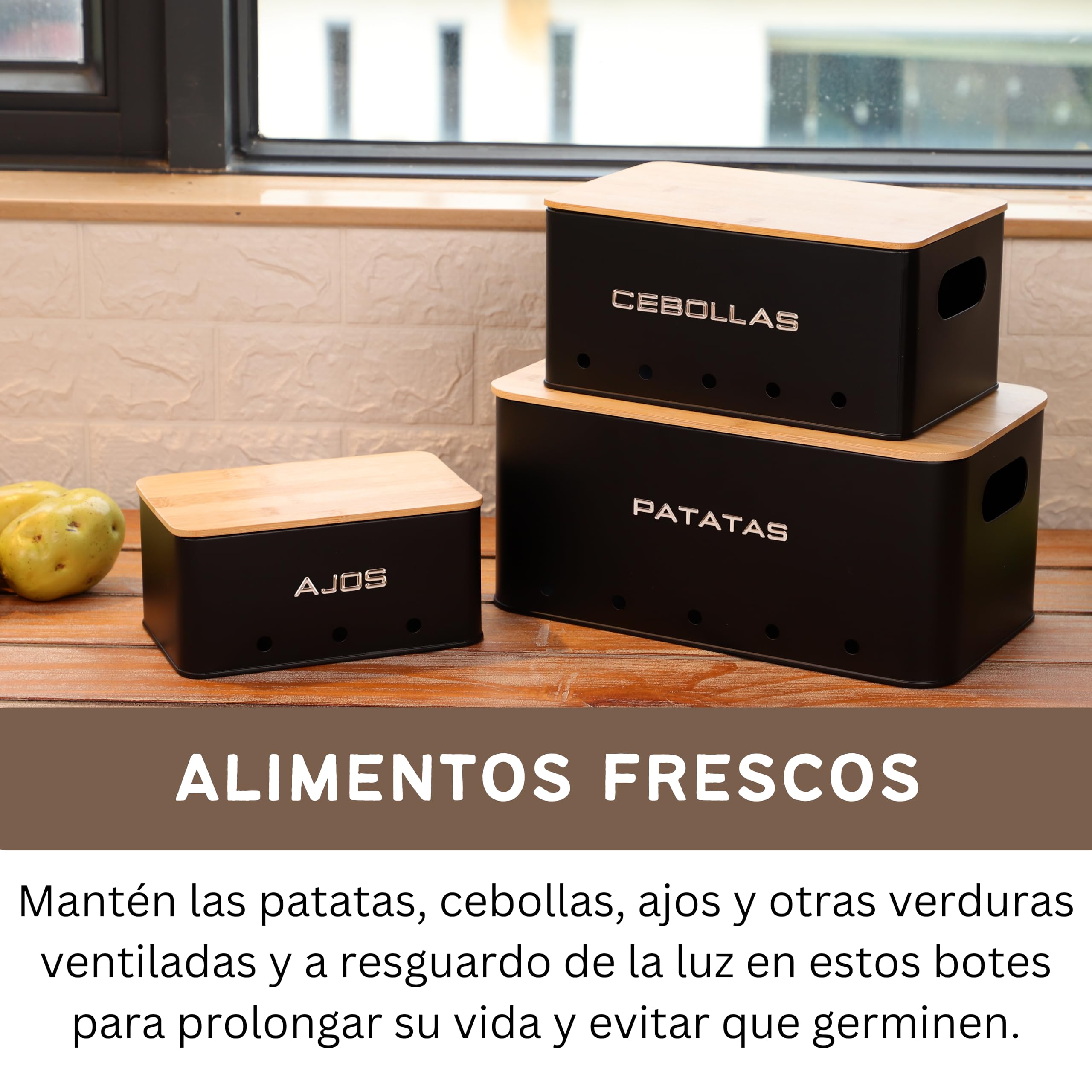Set Organización Cocina 4 Piezas: Panera + Juego de 3 Botes para Patatas, Cebollas y Ajos. Cajas de Almacenaje Metal Negro Mate con Tapa de Bambú y Ventilación