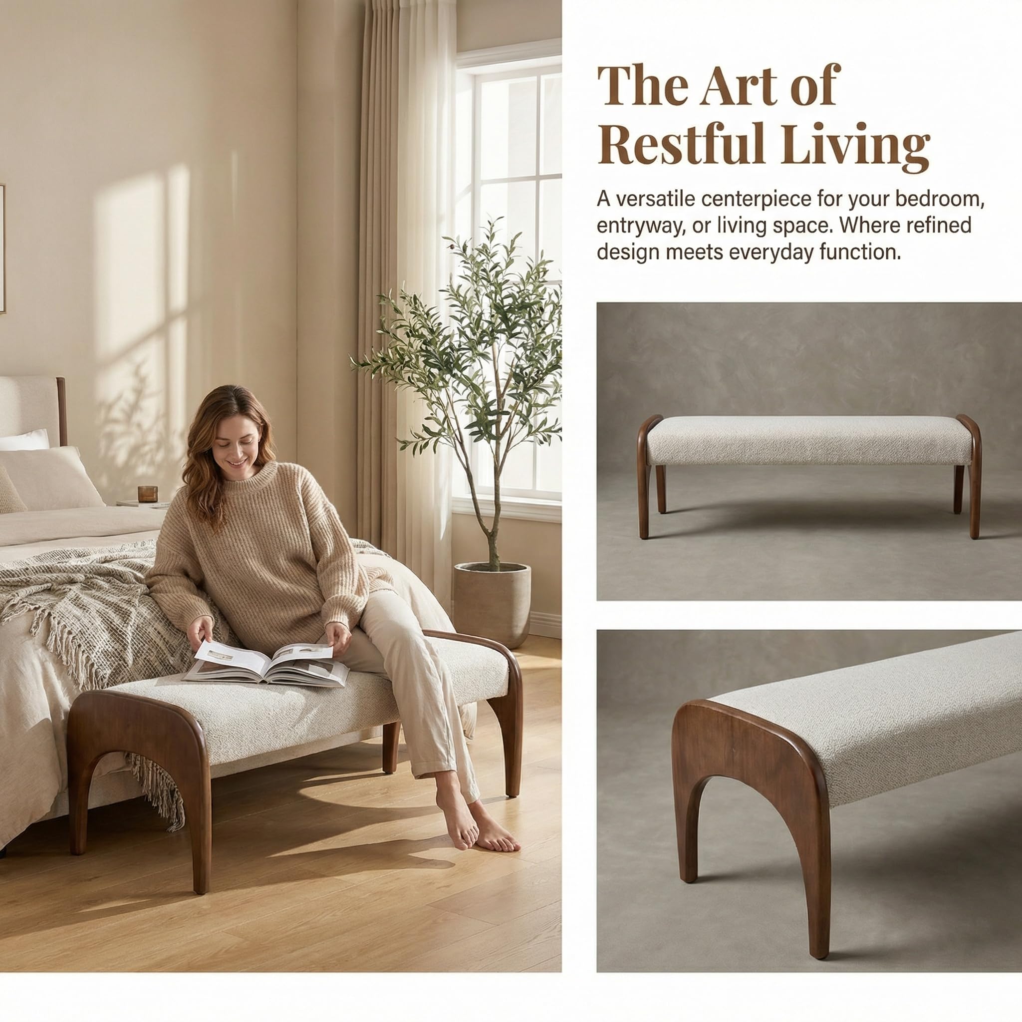 LukeAlon 51-Inch Upholstered Bench, Beige Fur Fabric | Extra Long, Solid Walnut Rubber Wood Legs, Minimalist Bed End Bench, For Bedroom, Living Room, Dining Table, Entryway Hallway