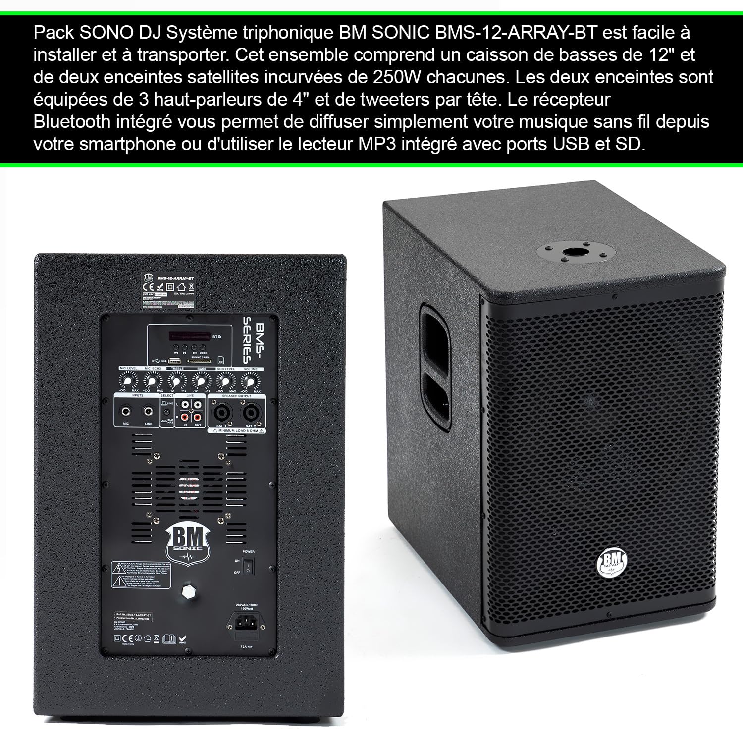 Pack Sono DJ Complet BM Bmsonic BMS-12-ARRAY-BT, 1000W, Enceintes Satellites, Caisson 31cm USB/Bluetooth, Supports Câbles
