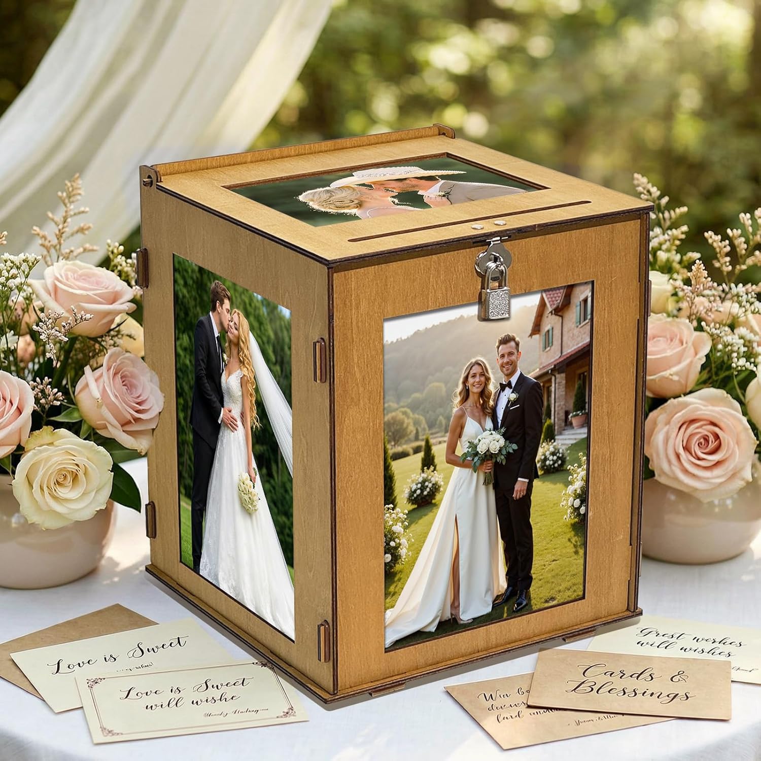OurWarm Wooden Wedding Card Box with Picture Frame, Large Gift Card Box for Wedding Reception, Rotatable Envelope Money Card Box for Party Graduation Birthday Baby Shower Wedding Decorations