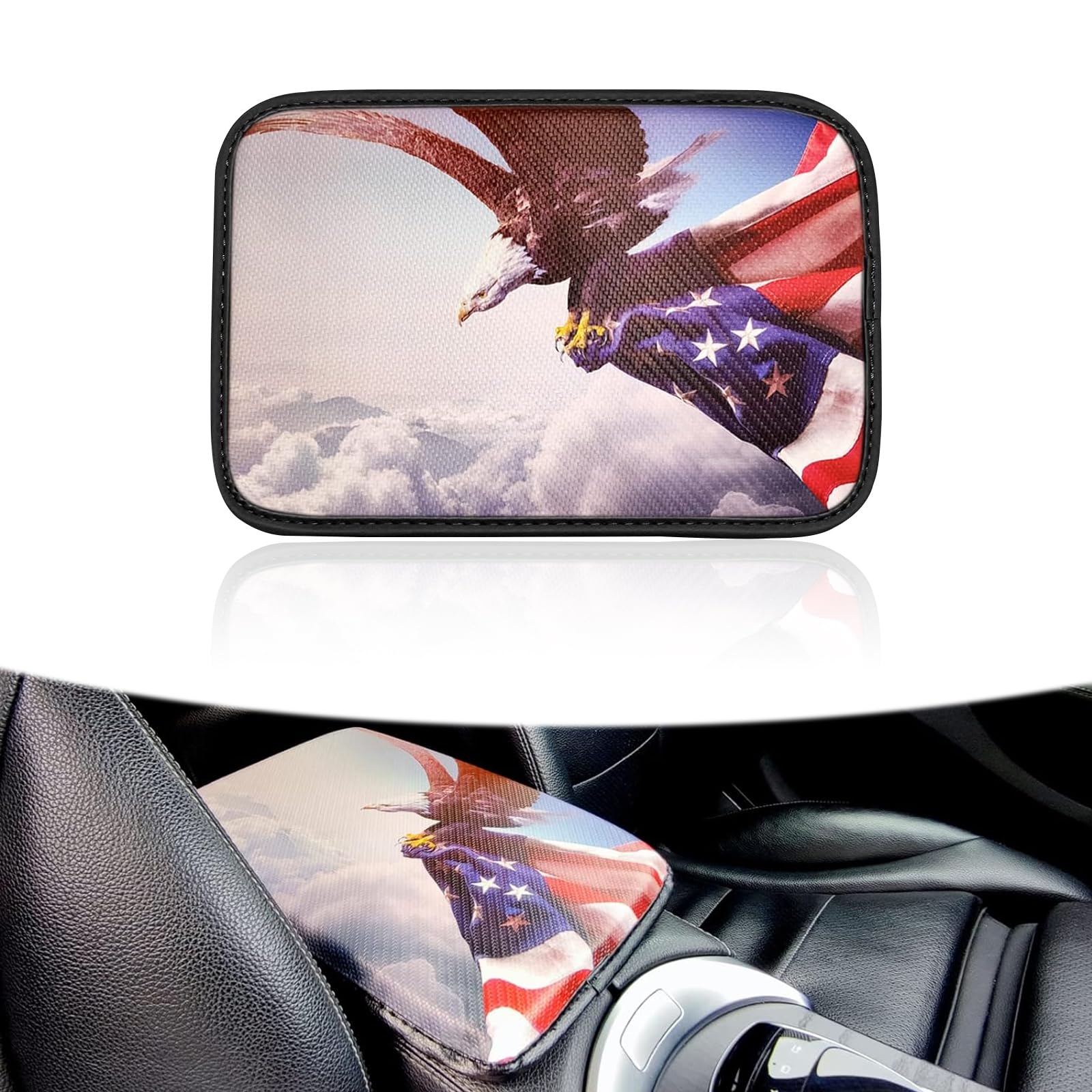 1 PC Car Center Console Protective Pad, American Flag Eagle Carbon Fiber Memory FoamLeather Armrest Protective Cover, Universal Interior Decoration Replacement, Fitting for Most Models (Red)