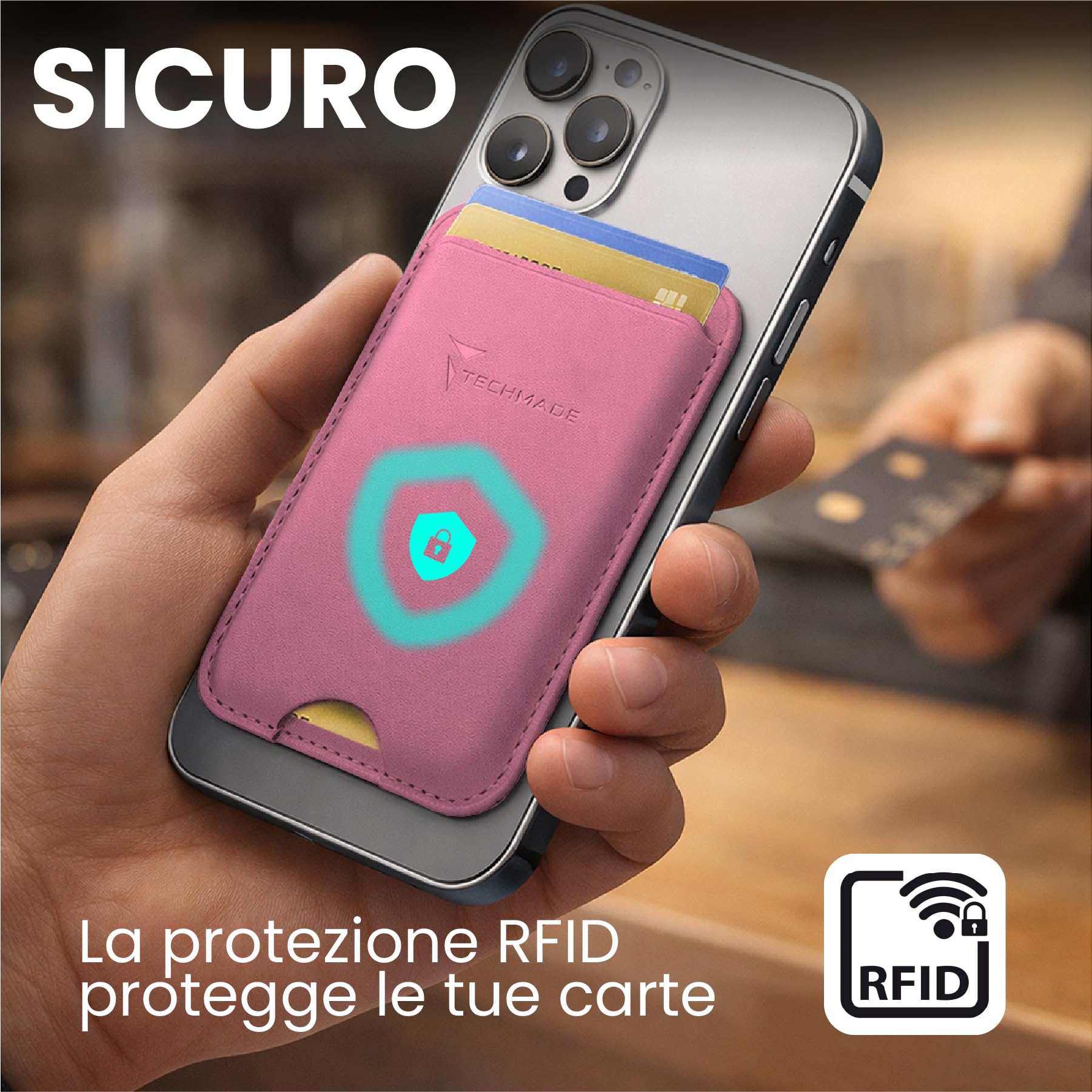 TECHMADE Portacarte MagSafe Compatibile per iPhone, Anello Adattatore Incluso - Spazio per 3 Carte o Contanti, Sistema di Estrazione Rapida - Blocco RFID, in Eco-Pelle Vegana (fucsia)