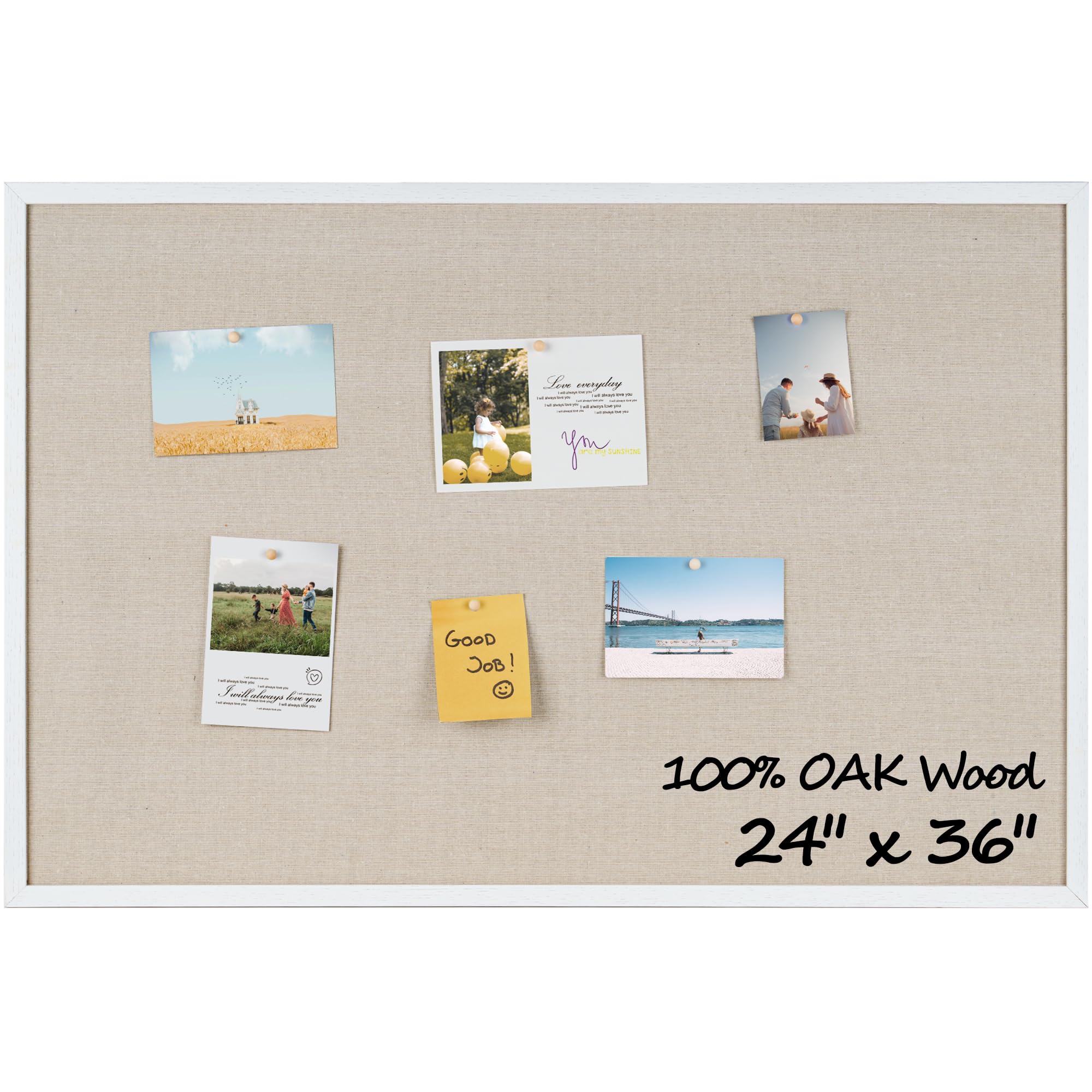 fun memories cork board bulletin board for office, 24" x 36" oak wooden framed corkboard, wall mounted notice pin board for school home & office, white