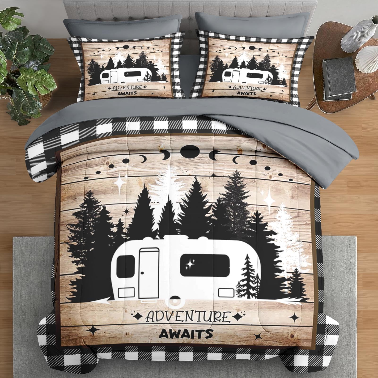 Pamnest Comforter Set Queen Size, Camper Rv Camping Car 7 Pcs Bedding for Kids and Adults, Truck Funny Grey Bed Sheet Sets with Fitted Sheet 2 Pillowcases & 2 Shams for Bedroom Bed Decor