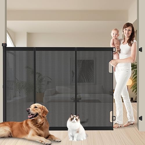 Miniatura 17 de Puertas retráctiles mejoradas para bebé, 35 pulgadas de alto que se extienden hasta 60 pulgadas de ancho, puerta de malla para perros interior para