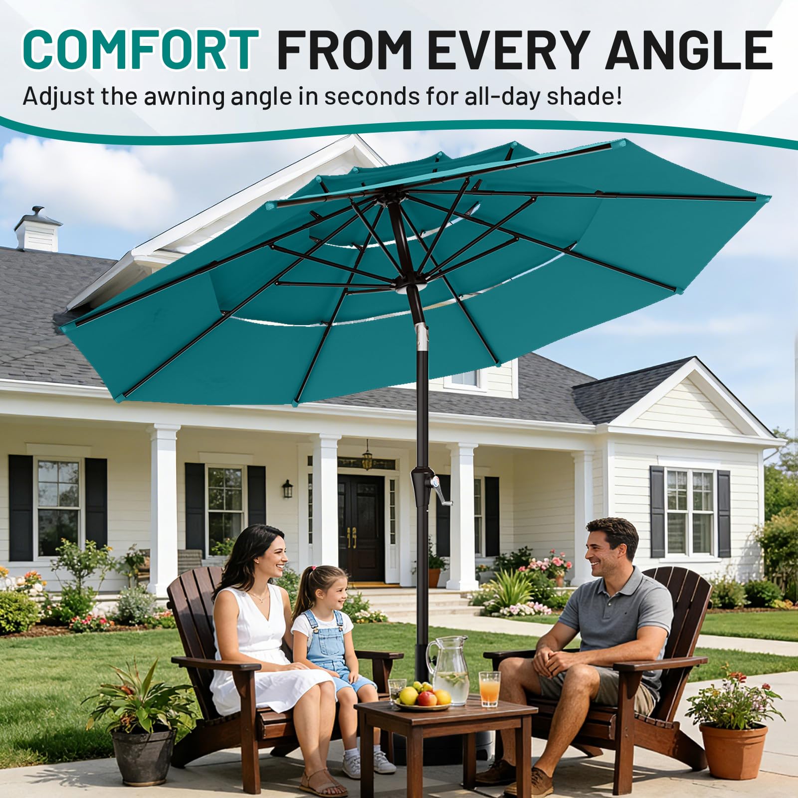 AreShark 9ft 3-Tier Patio Umbrellas, Outdoor Umbrella with 8 Sturdy Ribs UV Protection Windproof, Market Table Umbrella w/Push Button Tilt & Crank for Pool, Porch, Deck, Garden(Lake Blue) : Patio