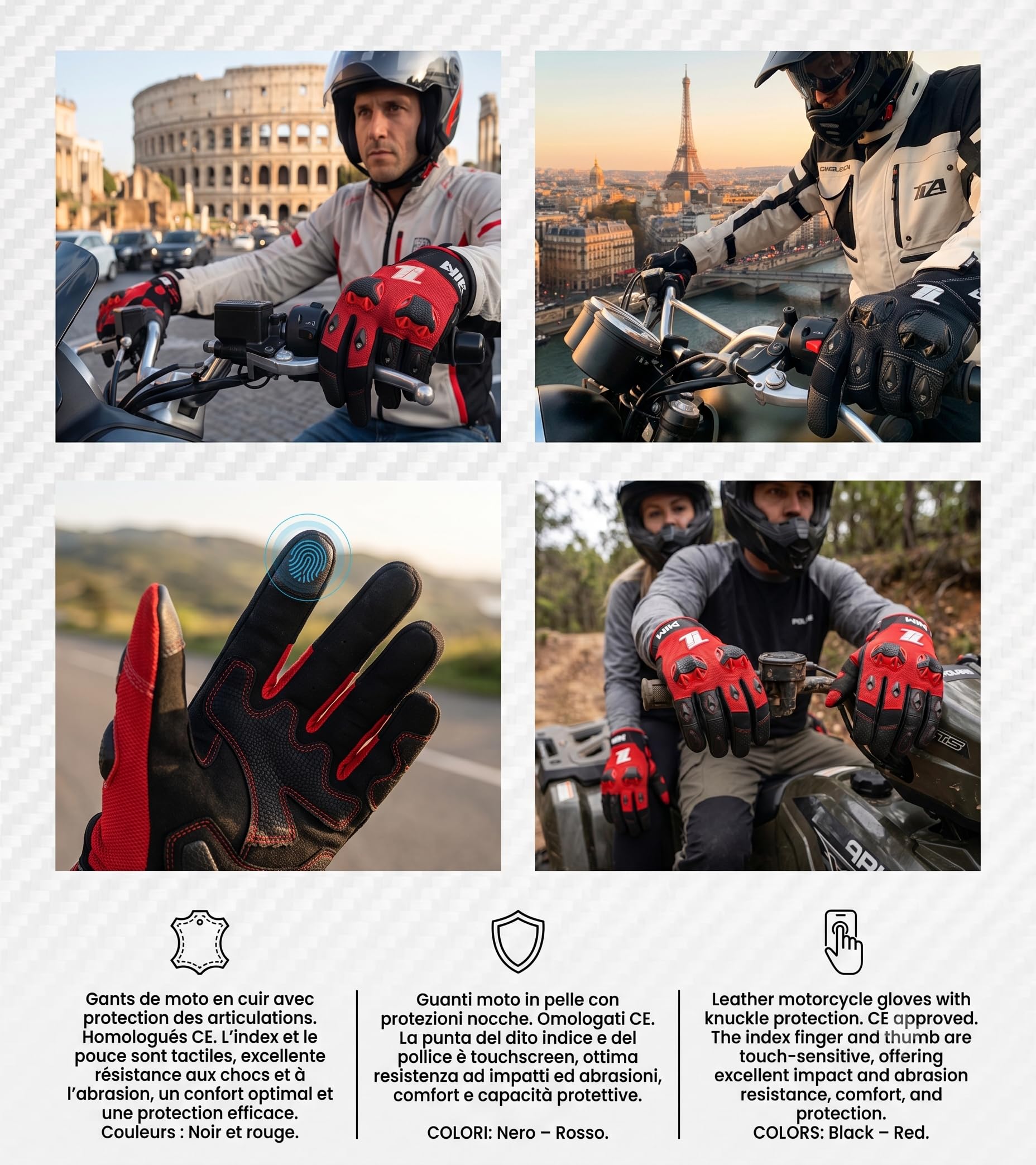 TLA WIK Rękawice motocyklowe z certyfikatem CE ze skóry i tkaniny, unisex dla mężczyzn i kobiet, dotykowe rękawice motocyklowe i skuter, oddychające, ochronne i odporne na uderzenia