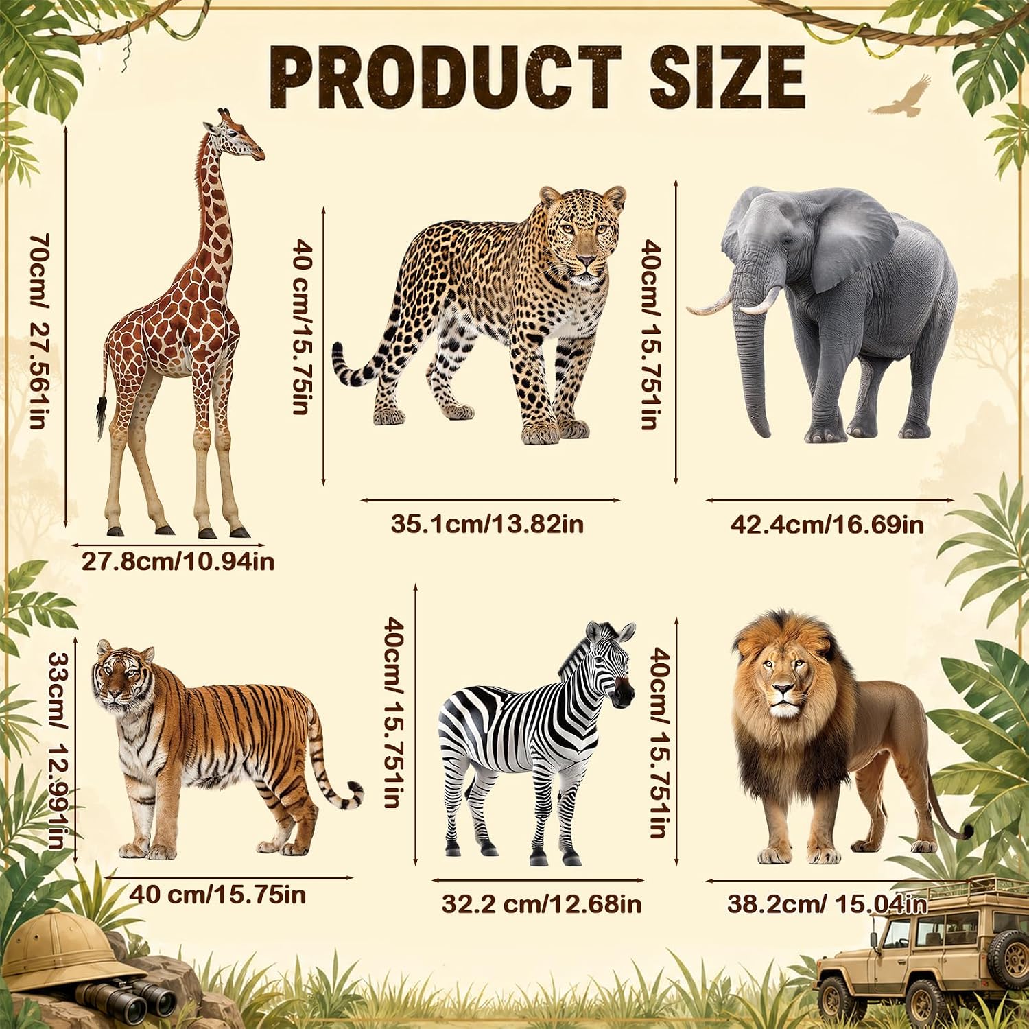 6Pcs Large Jungle Safari Animal Cutouts Backdrop Decorations Elephant, Giraffe, Zebra, Lion, Tiger, Leopard Plastic Standup Set for Safari Baby Shower Zoo Themed Party Photobooth Props