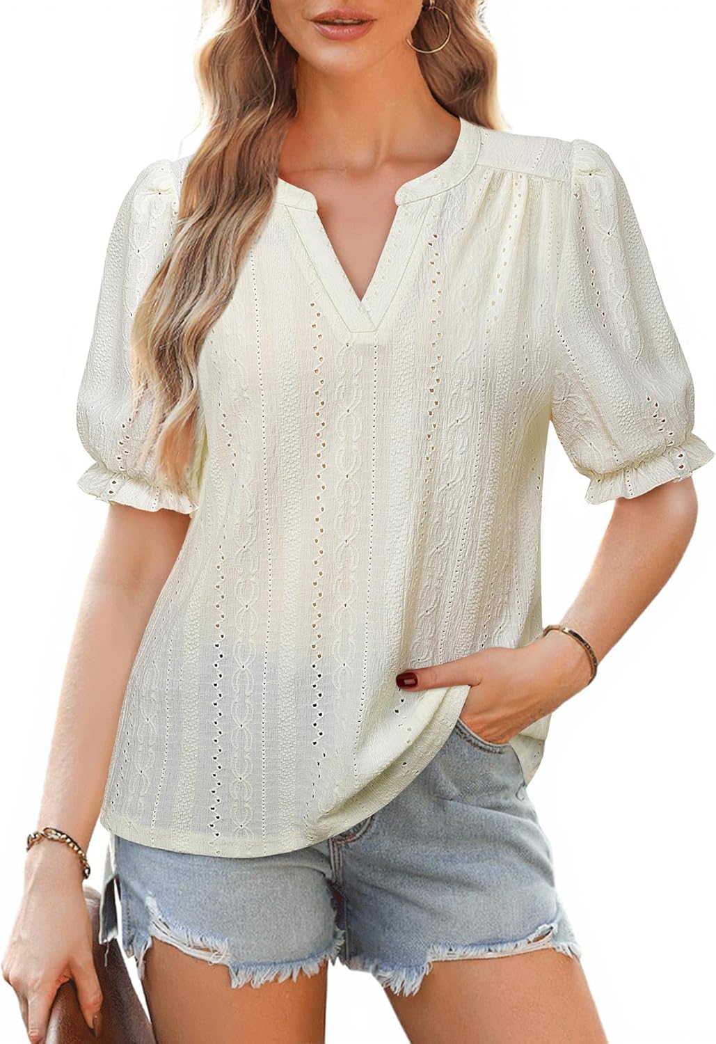 Unixseque Womens Summer Tops Business Casual Puff Sleeve Blouses V Neck Knit Shirts - Image 3