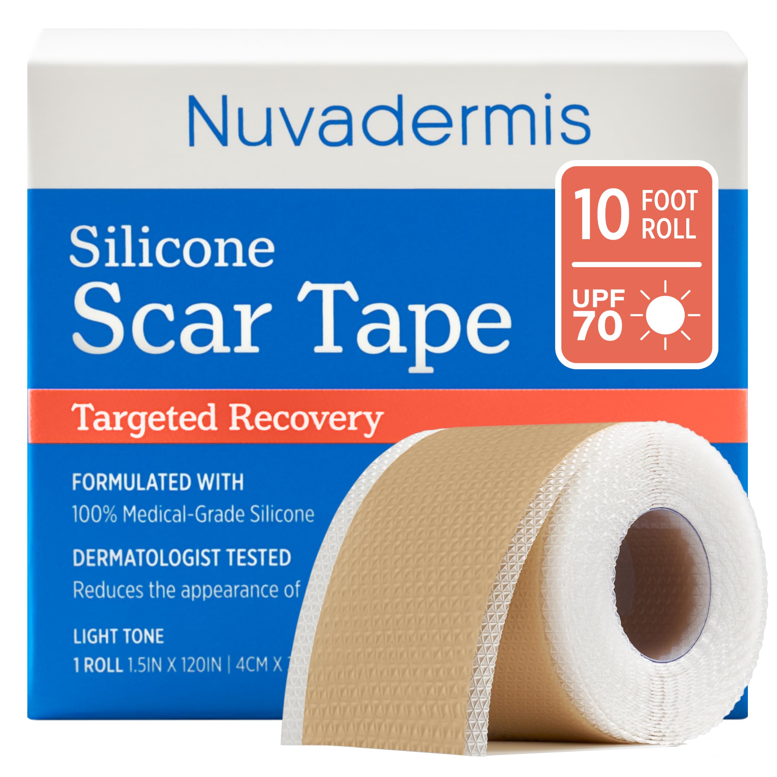 NUVADERMIS Silicone Scar Sheets for Surgical Scars - 120" x 1.5" Roll - Medical Grade Silicone Scar Tape and Face Tape for Wrinkles, Keloid Scars, and Hypertrophic Scars - Reusable - 1 Pack