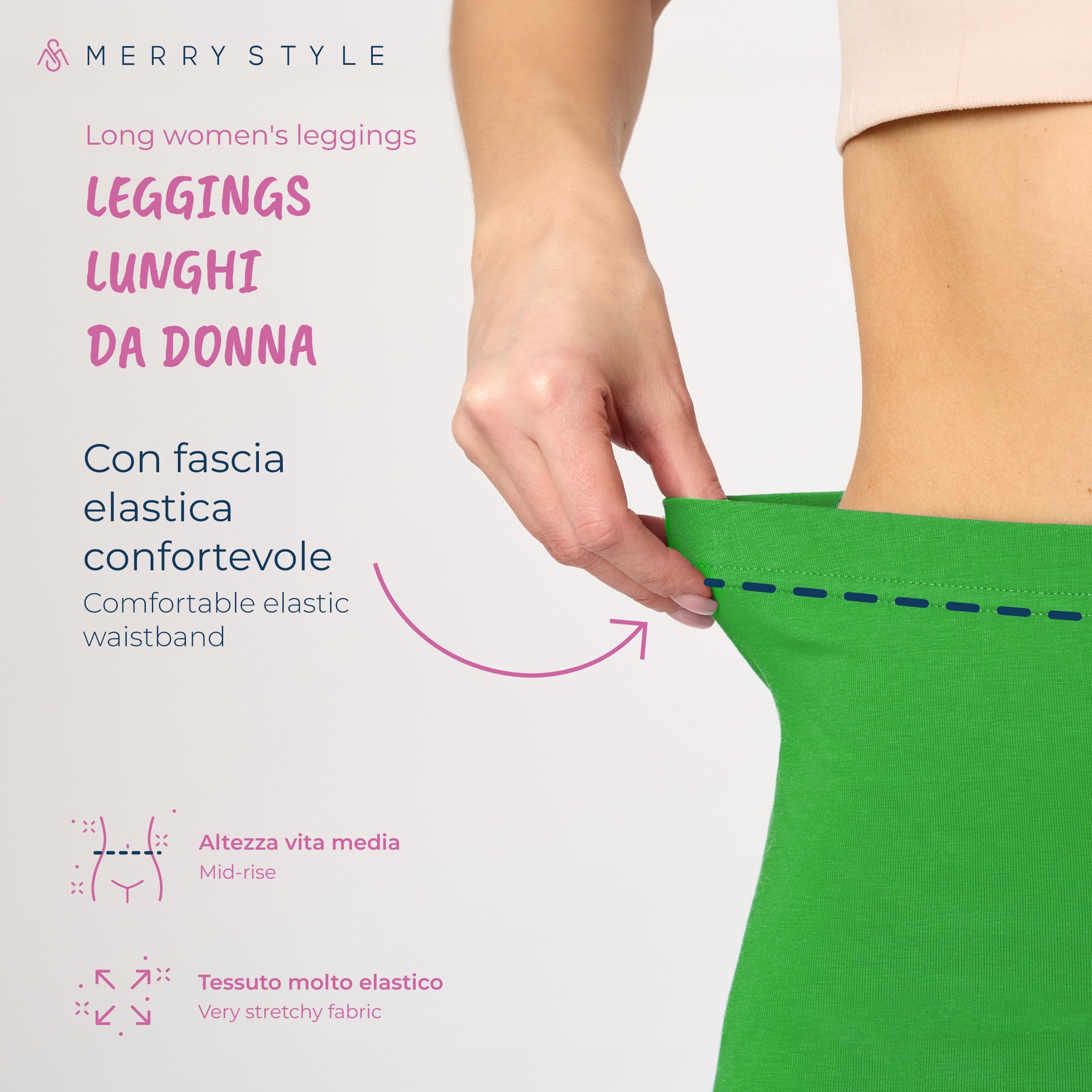 Merry Style Lunghi Leggings Fuseaux Sportivi da Donna Pratico Modello a Vita Alta in Cotone Naturale MS10-198