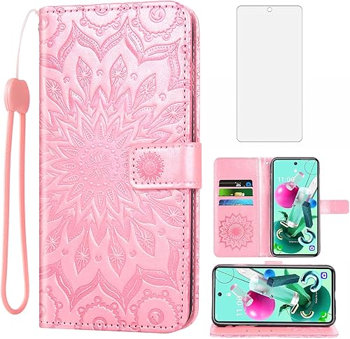 Asuwish Funda de teléfono para LG K92 5G con protector de pantalla de vidrio templado y funda delgada de piel de girasol, soporte para tarjetas,