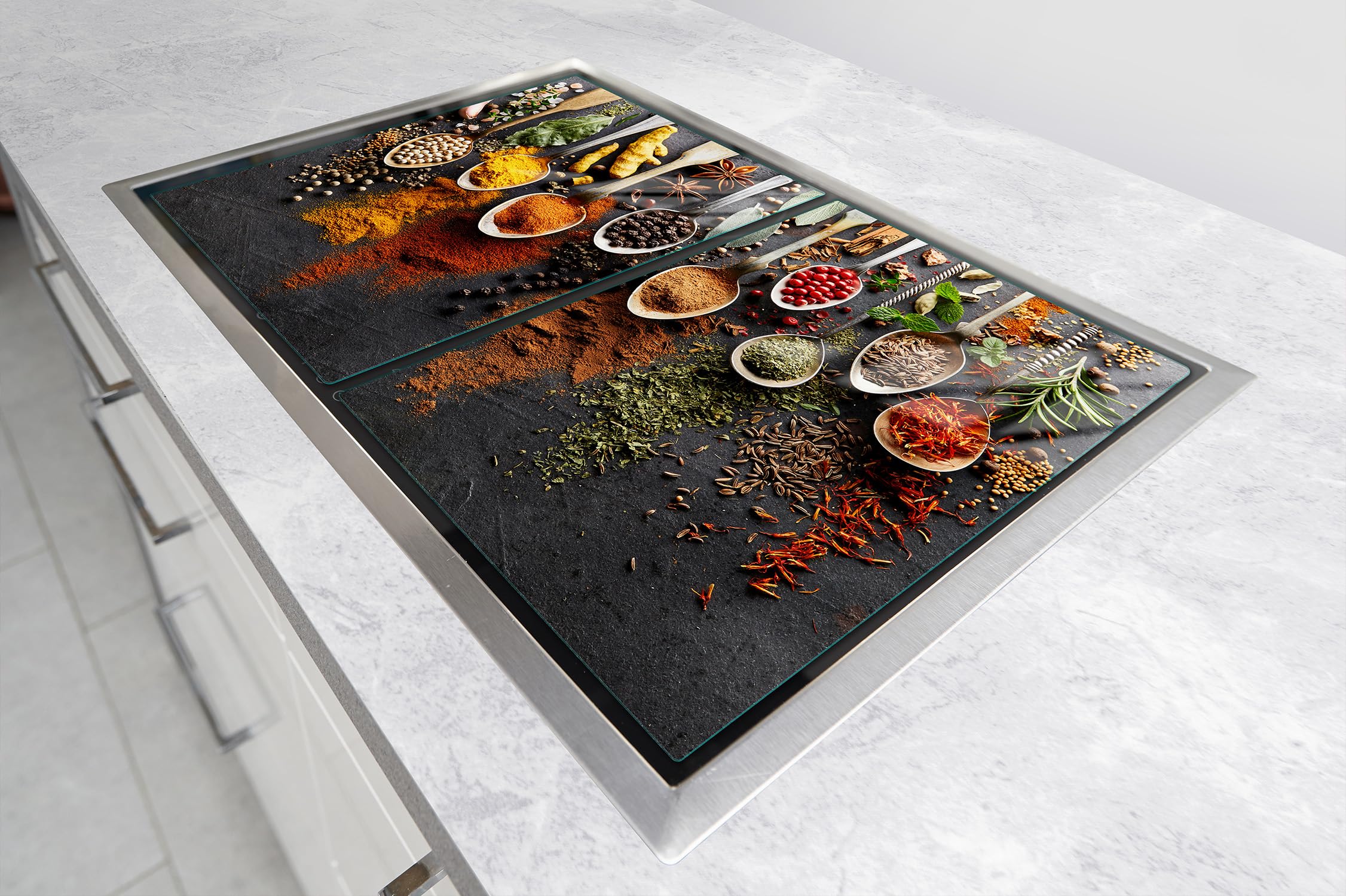 TMK ArtDeko Placa protectora de vitrocerámica 35 x 52 cm 2 piezas cocina eléctrica universal para inducción protección contra salpicaduras tabla de cortar de vidrio templado, Especias