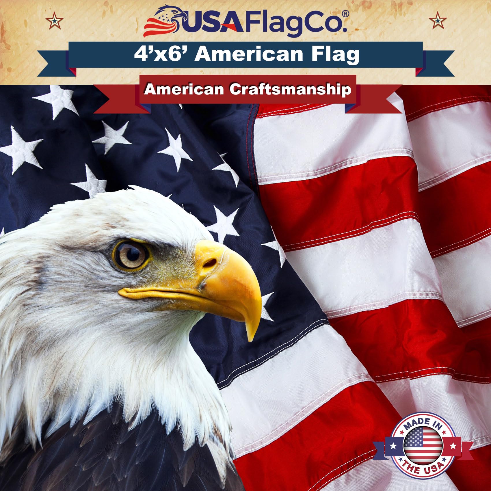 Amerykańska flaga flaga Co., wyprodukowano w USA, haftowane gwiazdy i paski szyte w USA, rozmiar US 4 x 1,5 m, nylon, 4 od 6 stóp