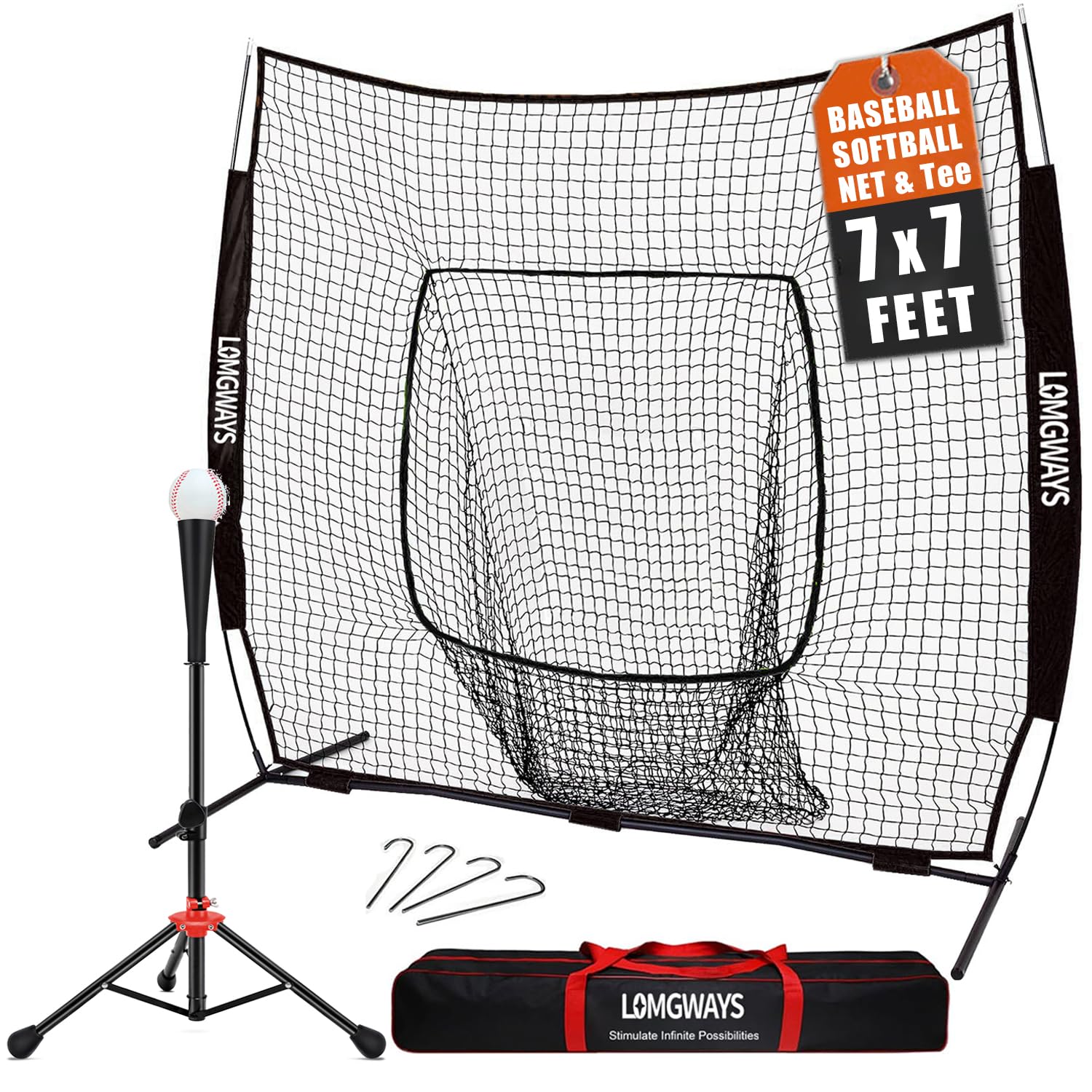 Photo 1 of 7'x7' Portable Baseball Net Set with Baseball Tee and Bag for Practice