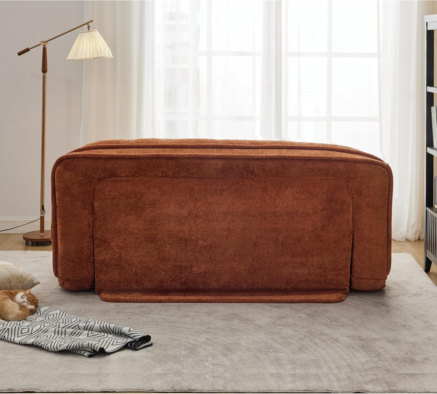 Double Human Dog Bed Loveseat Sofa with Chenille Upholstery, 2-Seater Convertible Floor Couch for Adults and Pets, 5 Adjustable Positions, Plump Cushions, 71" L x 41" W x 32" H, Orange