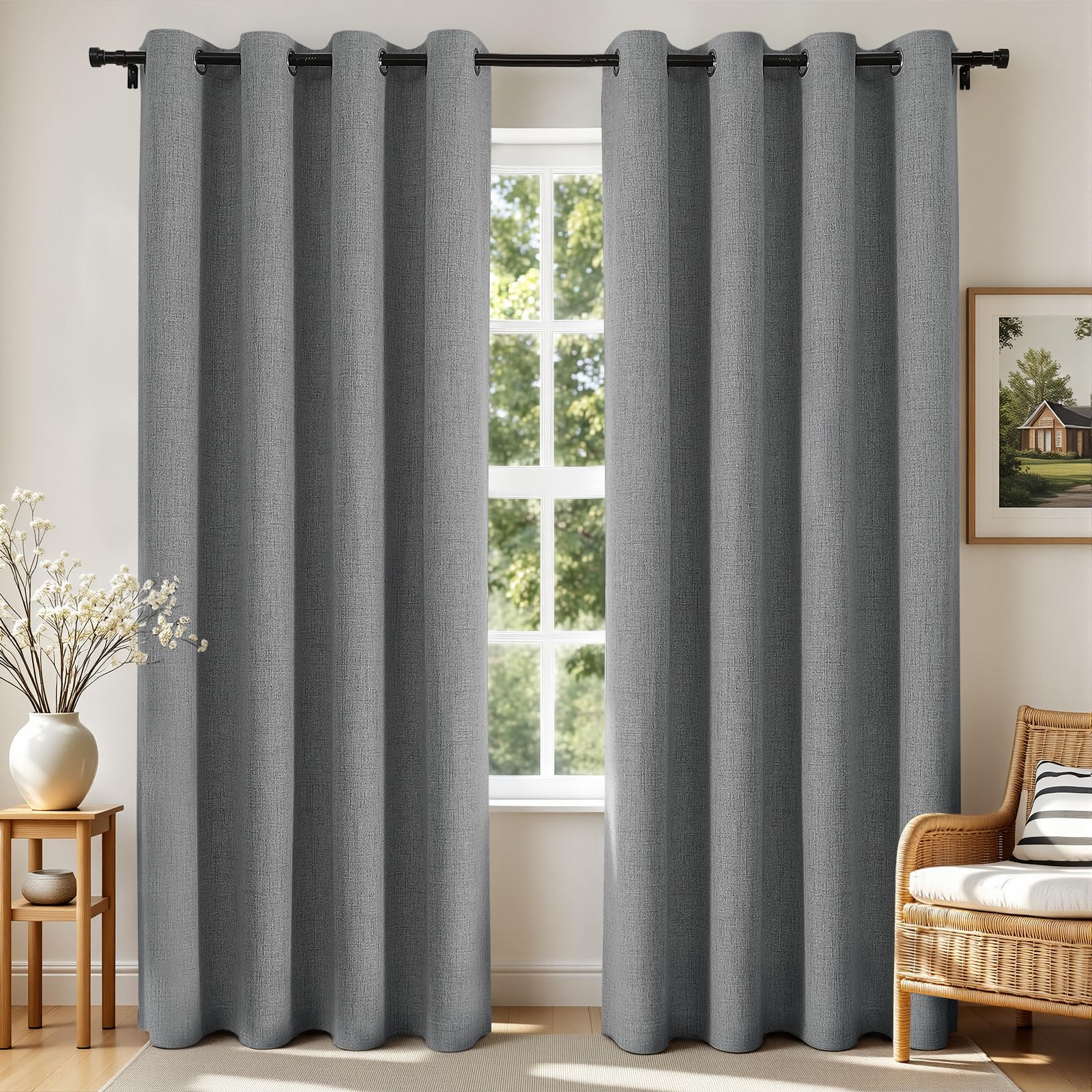 Joydeco Grey CurtainsBlackout Curtains for Bedroom, Light Grey 90 Inch Curtains for Bedroom, Linen Room Darkening Burlap Grommet Textured Curtains&Drapes (52x90 inch, Light Grey)