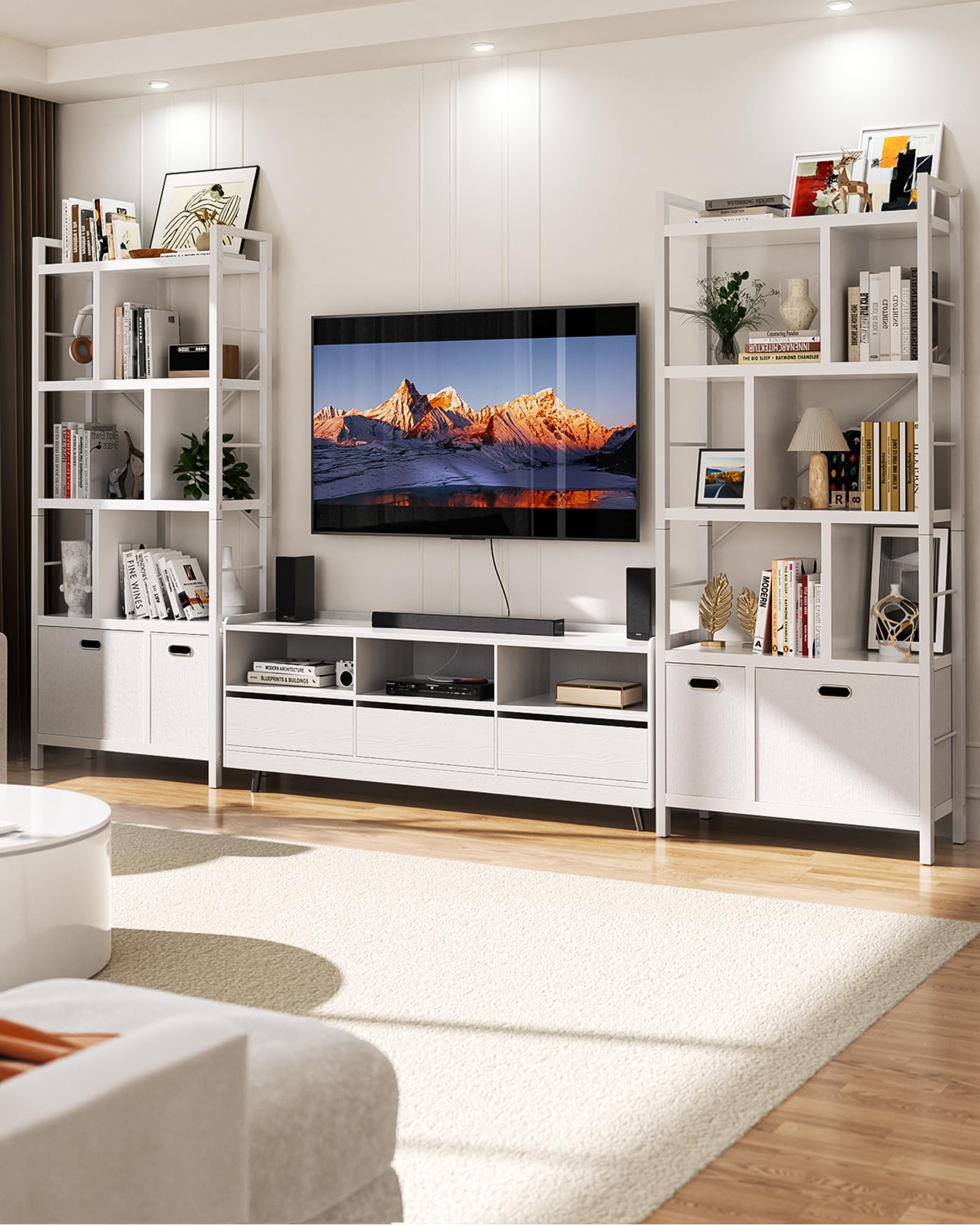 armocity Bookshelf with Drawers - 5 Tier Tall Bookcase Geometric Modern Book Shelf Display Standing Bookshelves with Storage for Living Room, Bedroom Home Office, White