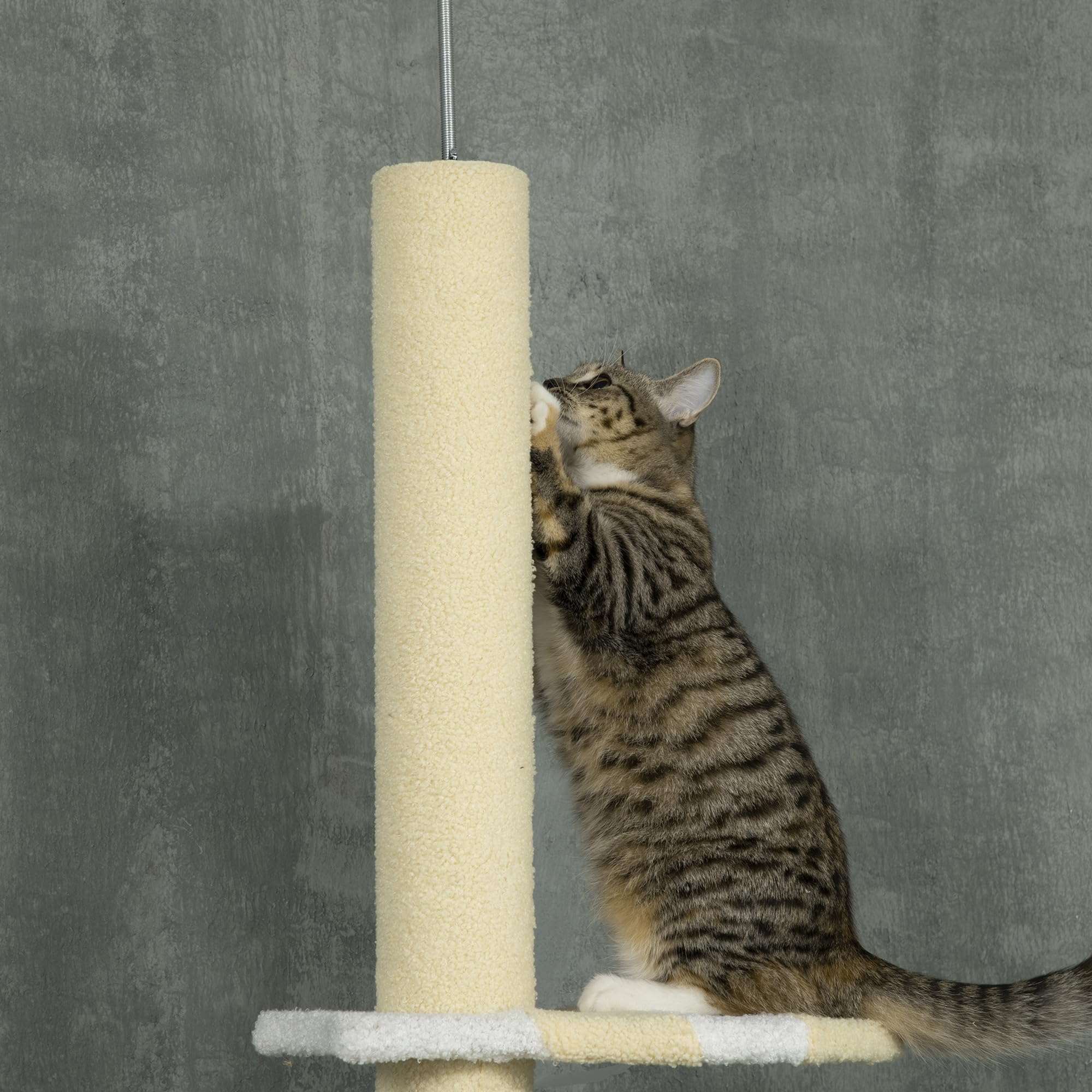 PawHut Árbol para Gatos del Suelo al Techo 220-260 cm Rascador Amarillo | Rascador para Gatos, 3 Plataformas, Poste Altura Ajustable, Escalador de Sisal, Bola para Jugar, 47x34x220-260 cm