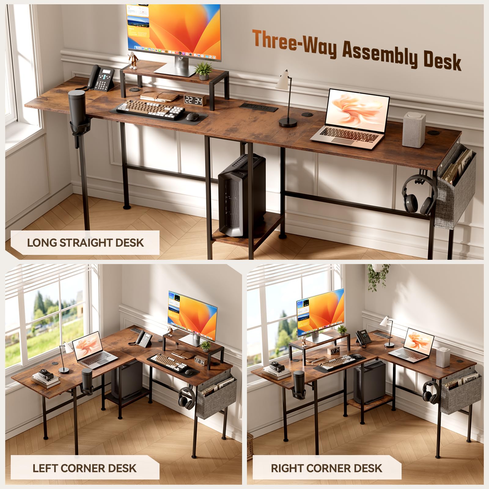 L Shaped Computer Desk with Folding Desk Extender Tray &Power Outlet, Brown, Rustic Brown, (120-220)cm×50cmx74 cm - Image 3