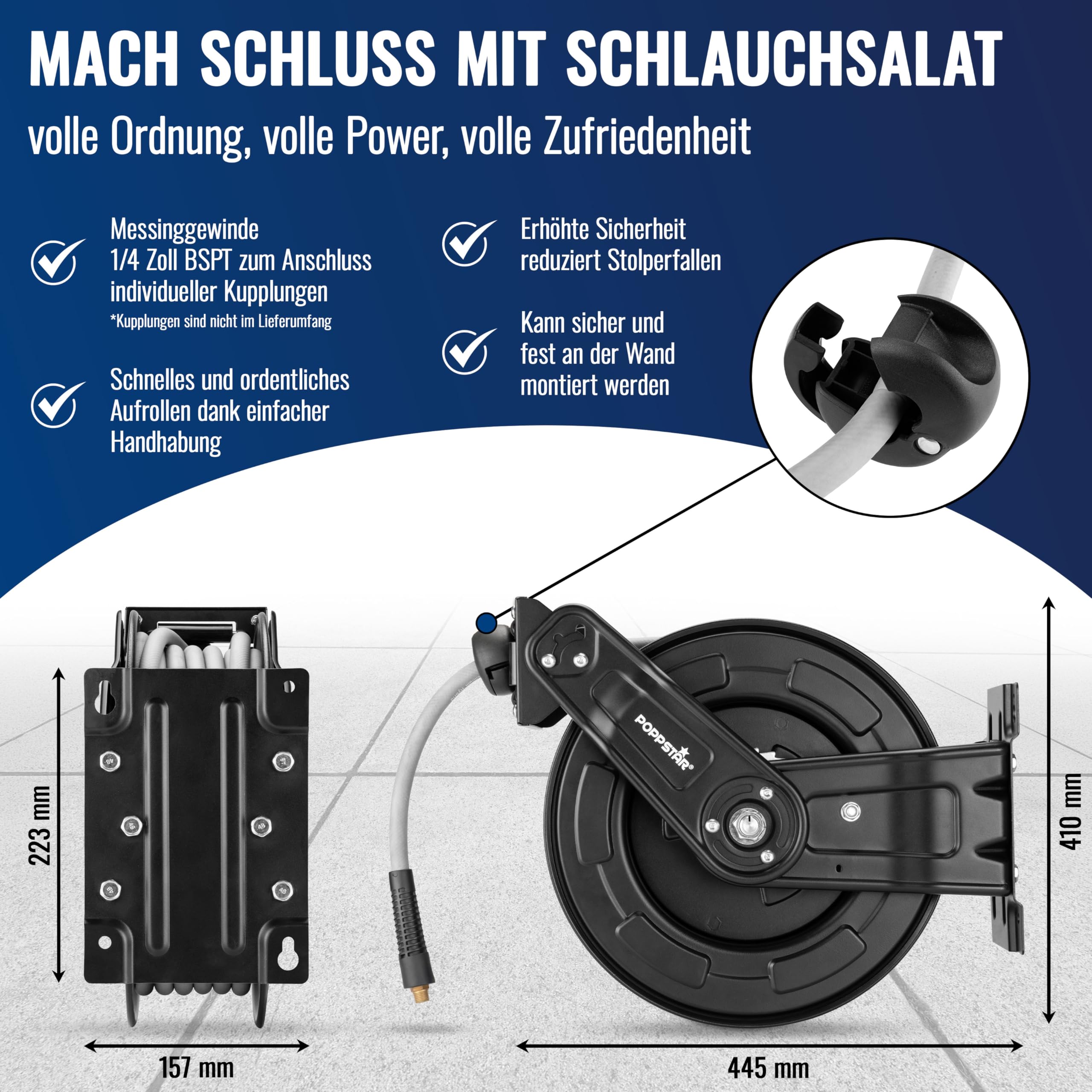 Poppstar Druckluftschlauchtrommel aus Stahl (20m+2m, Durchmesser (9,2x15mm)), Anschlüsse 1/4 Zoll BSPT