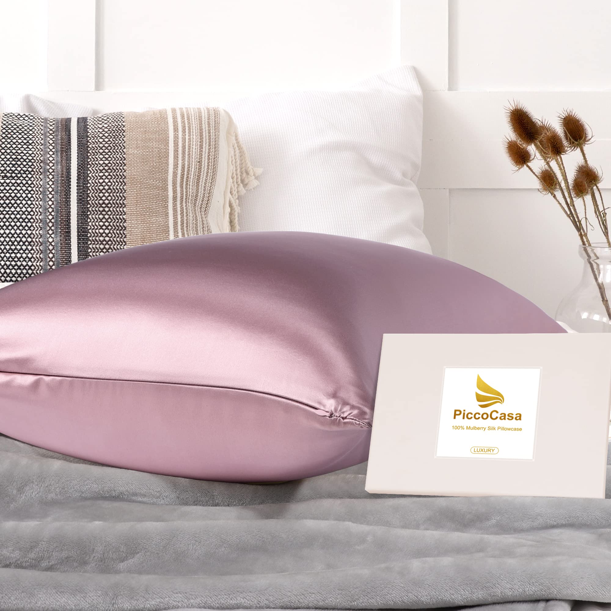 PiccoCasa - Funda de almohada de seda pura 100% natural para cabello y piel, ambos lados de 400 hilos, 19 momme de seda con cremallera oculta, 1 paquete, malva, tamaño Queen 50 x 76 cm