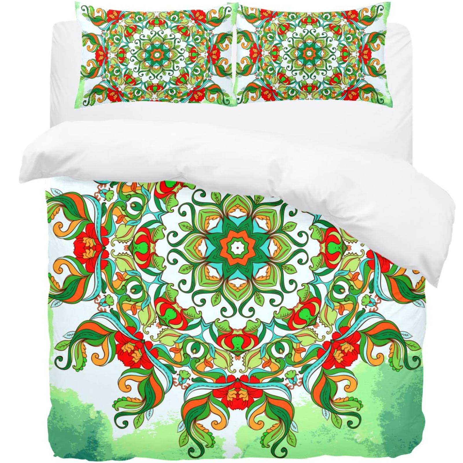 Parure de lit avec housse de couette et 2 taies mandala vert contre les nuits agitées