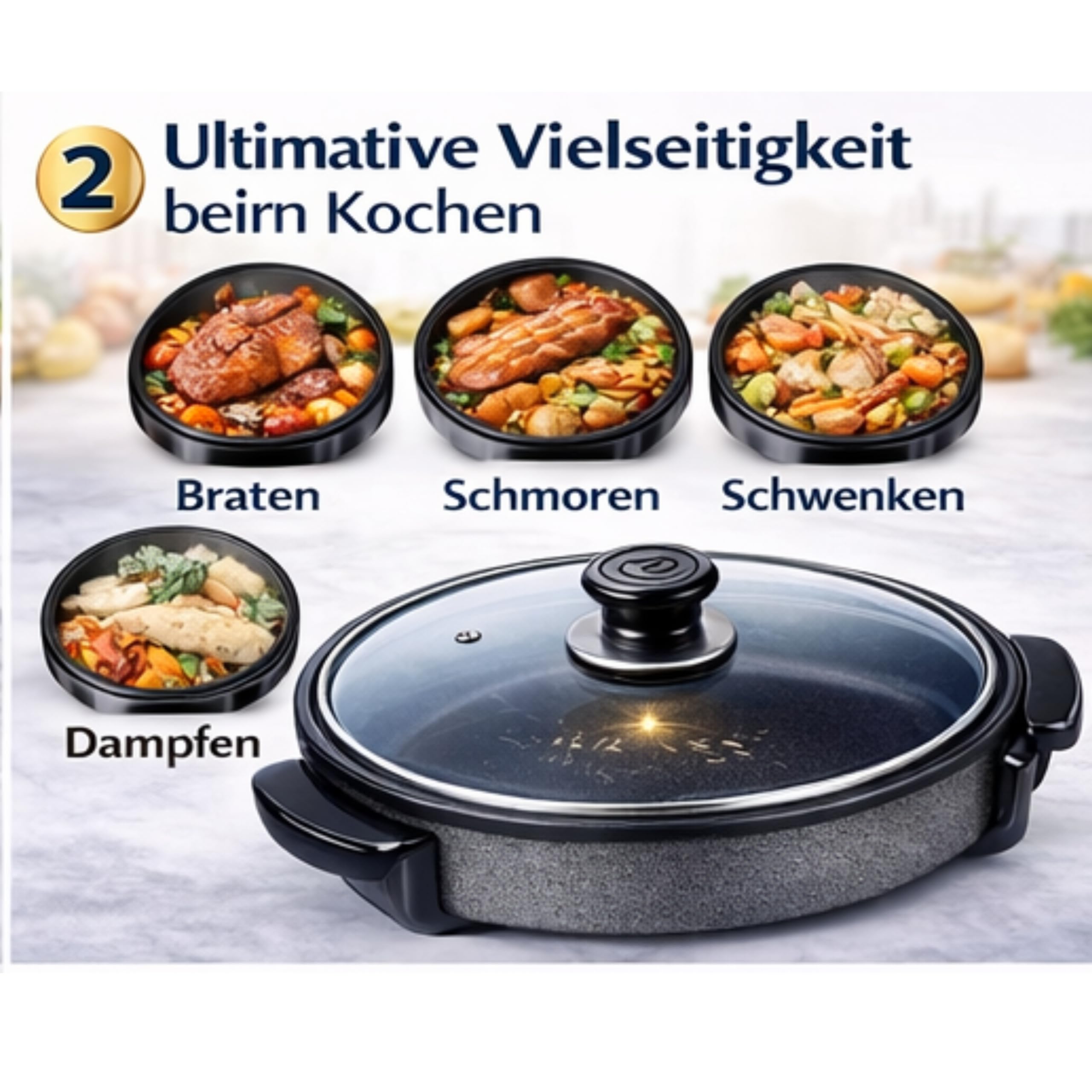 XXL Pizza Pfanne, 42cm Extra Tief, 13cm Höhe, mit Glasdeckel, Elektrische Pizzapfanne (42/13 cm)