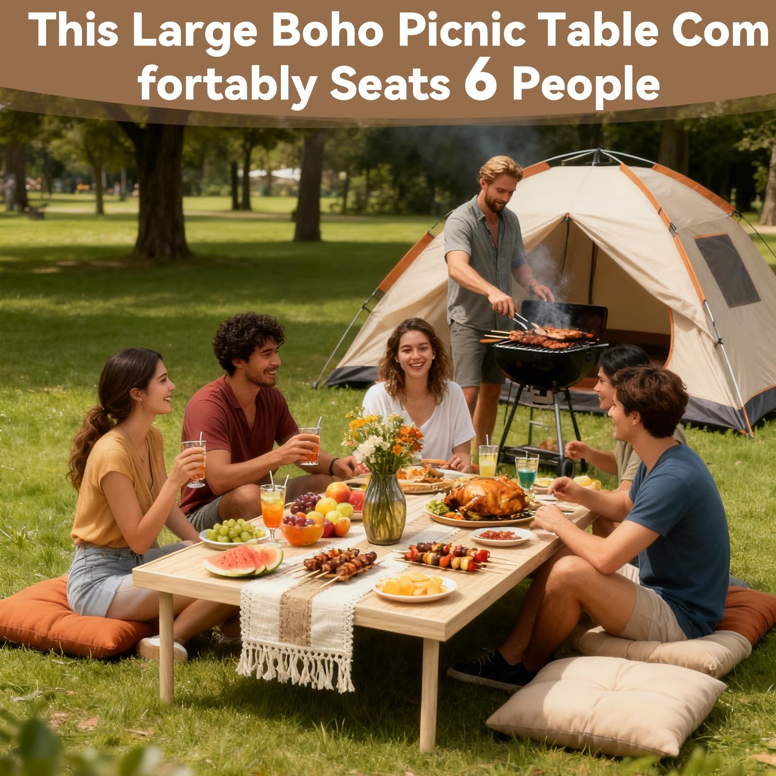Condition photo showing New/Like New for portable wooden outdoor low picnic table for floor seating, beach, camping, bbq, backyard, 60x30in