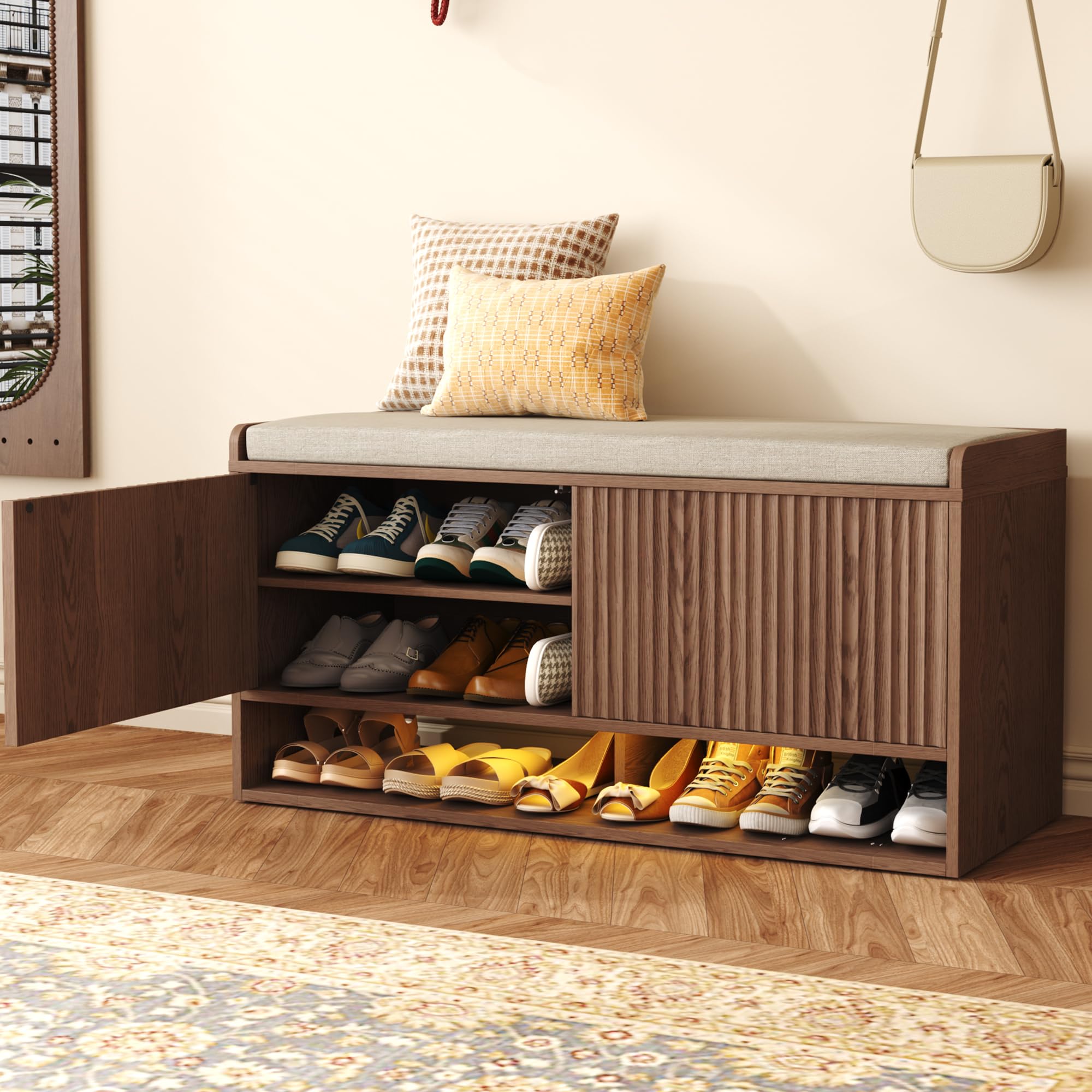 HOMEFORT 39.4" Fluted Shoe Storage Bench, Entryway Bench with Linen Seat Cushion, Shoe Cabinet Bench with Adjustable Shelf and Built-in LED Sensor Light, Bench for Bedroom End of Bed,Walnut