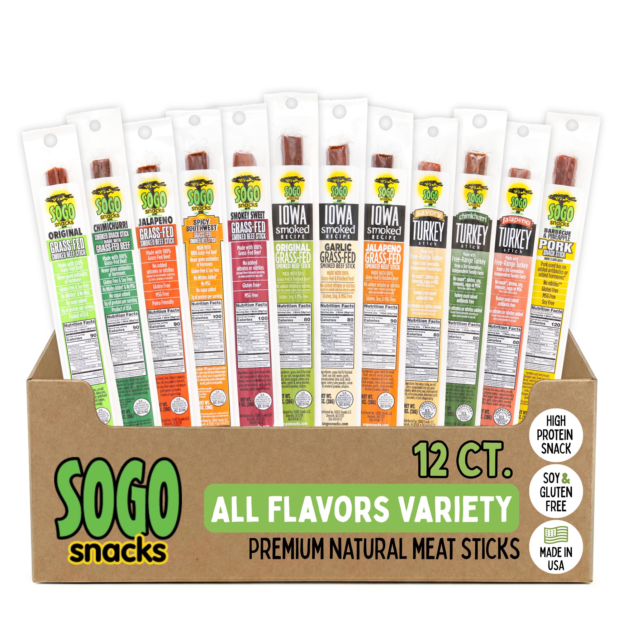 12 Flavor Variety Meat Sticks. No Added Nitrates, Gluten, Soy, MSG, Dairy, Nuts. 8 Grass-fed Beef Flavors, 3 Free-range Turkey Flavors & 1 Natural Pork Flavor (1 of Each, 12-cnt, 1-oz Stick)