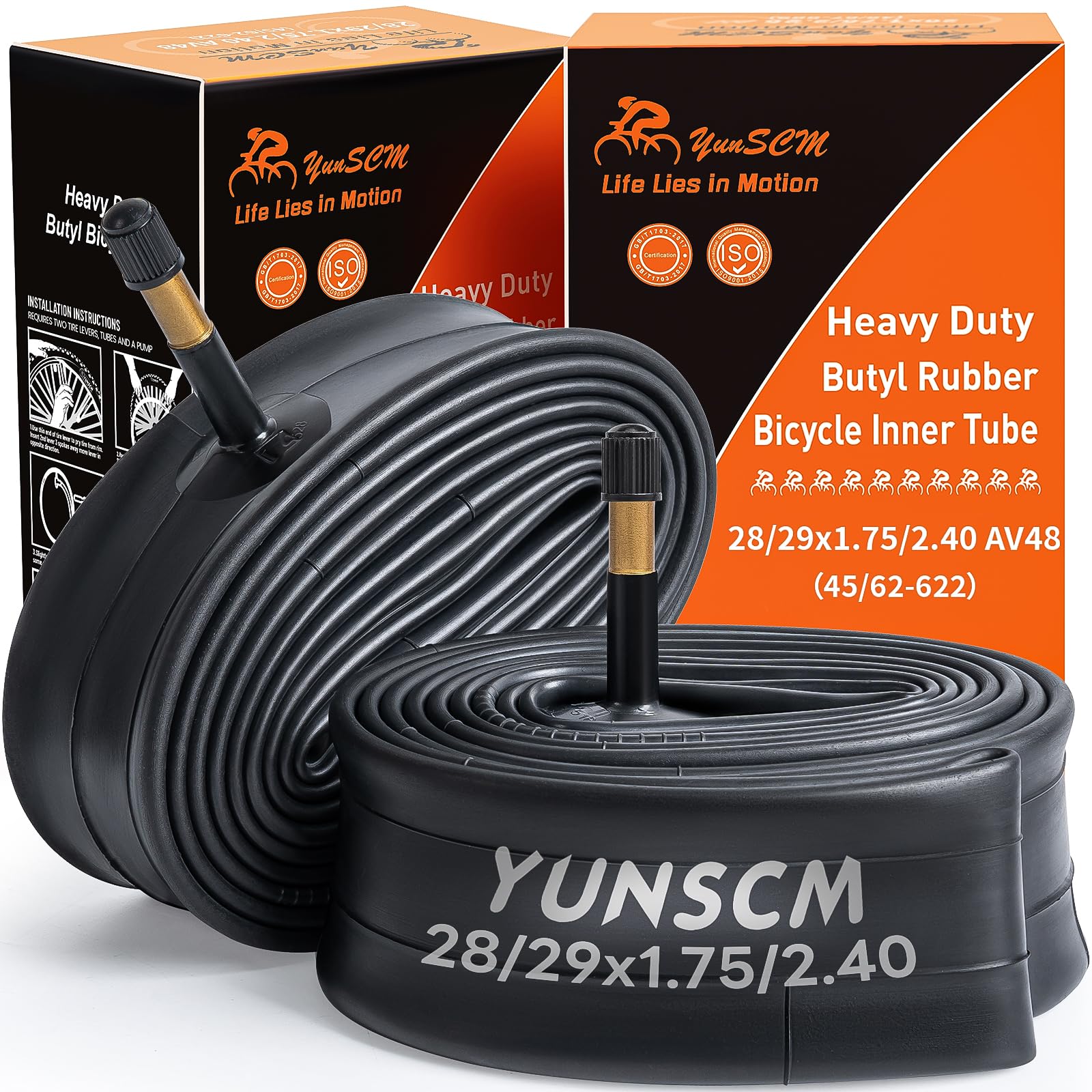YUNSCM 29" Bike Tubes 29x1.75/2.4 28x1.75/2.4 (45/62-622) Heavy Duty Bike Tubes AV48mm Schrader Valve Compatible with 28/29x1.75/1.95/2.0/2.1/2.125/2.25/2.3/2.40 Bike Bicycle Tire Tubes-2 PCS