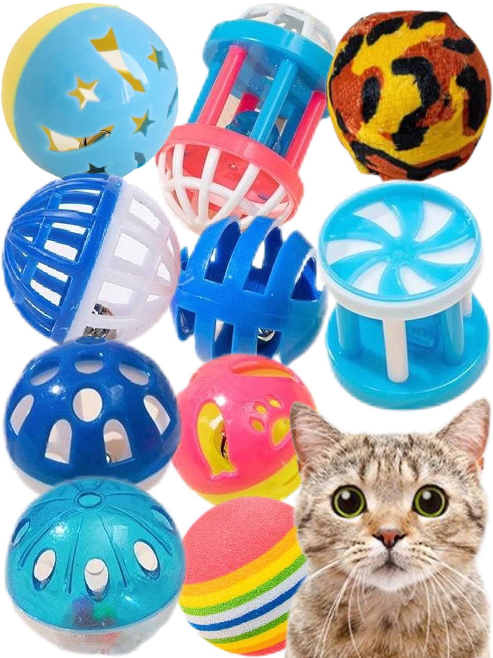HEUHAI 10 Colorful Sturdy Cat Toy Balls with Bells, Fun Interactive Play for All Cats & Kittens, Assorted Styles and Sizes (1.5'' - 2.2'', Cat Toys Mega Set)