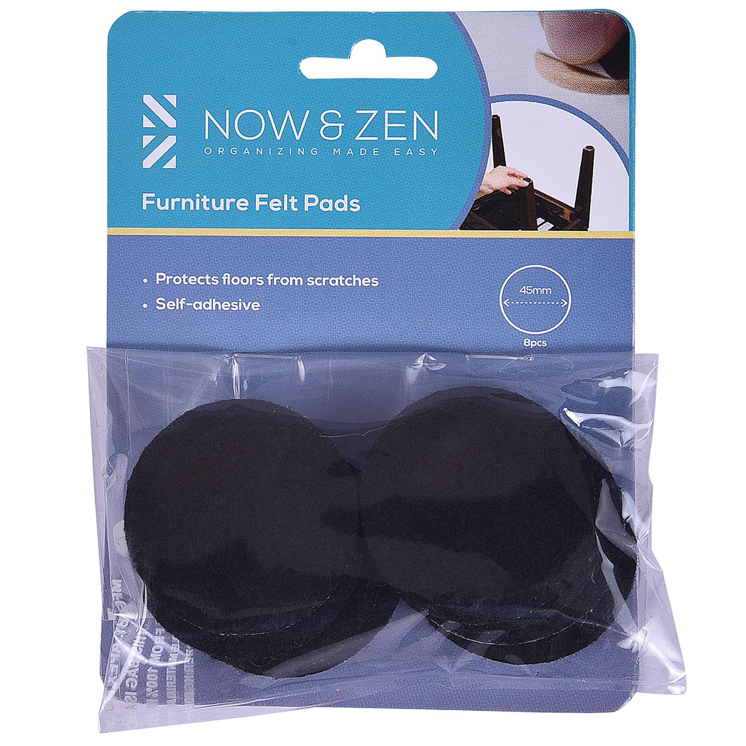 Now & Zen Large Self Adhesive Round Furniture Felt Pads for Hard Surfaces - Non-Scratch Heavy Duty Furniture Leg Guards (45 MM - Pack of 8, Circle Black)-image-2