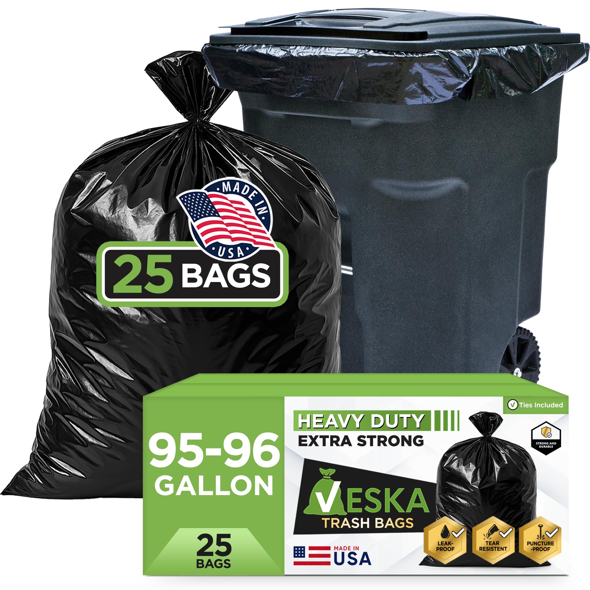 Veska 95-96 Gallon Trash Bags Heavy Duty, (ValuePack 25 Bags w/Ties) 100 Gallon Extra Large Trash Bags, 90 Gallon, 95 Gallon, 96 Gallon Heavy Duty Big Garbage Bags