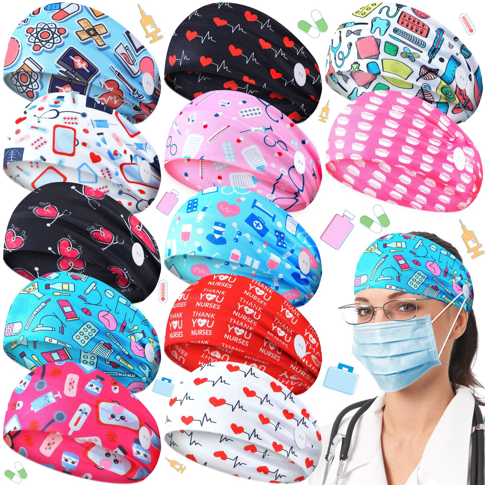 Jexine 12 Pcs Nurse Headbands for Women Non Slip Nursing Headbands with Buttons Dental Assistant Accessories Hygienist Doctor Gifts Elastic Hair Bands(Stylish)