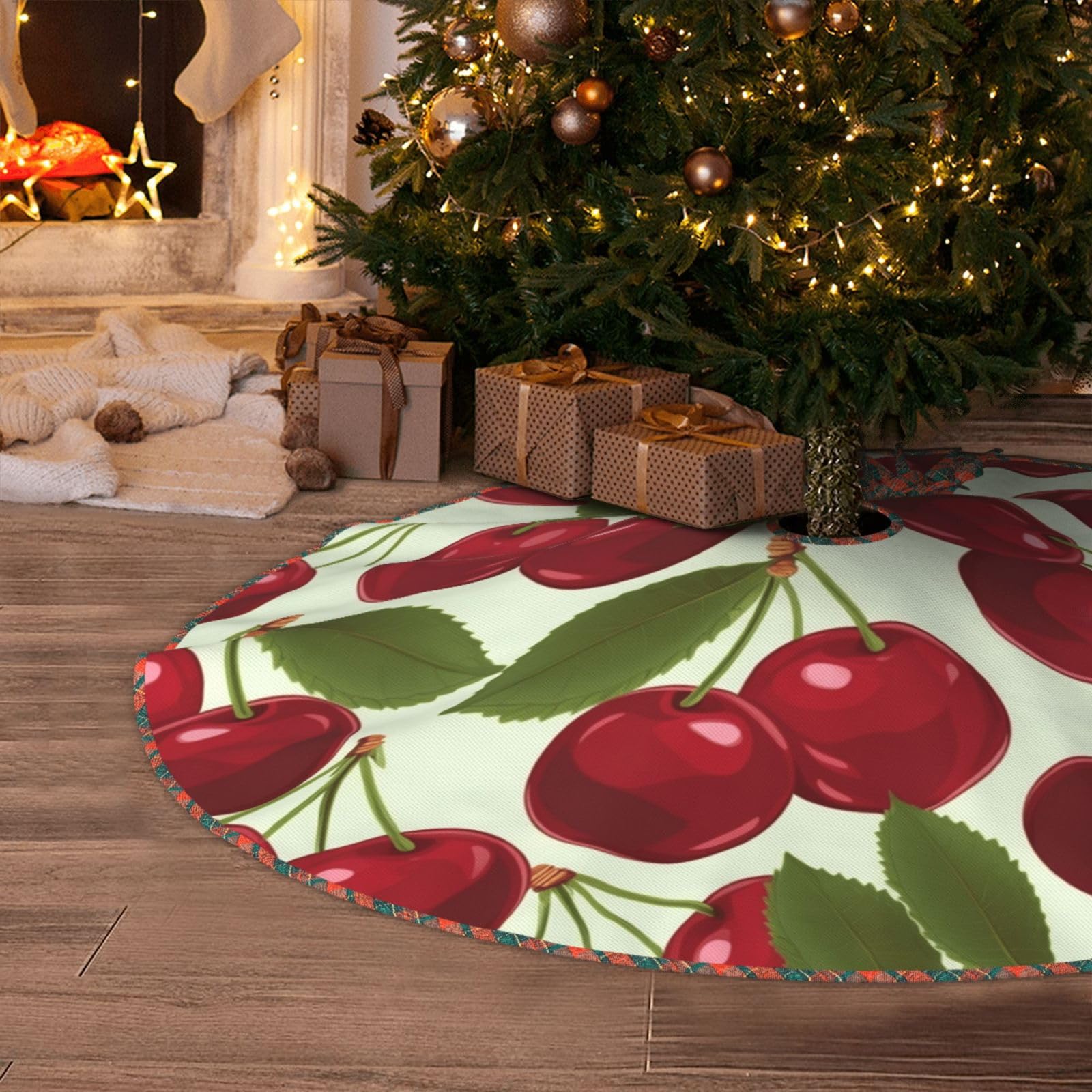 Cherry Fruit Christmas Tree Skirt 48" Artificial Tree Mat Cover Merry Christmas Burlap Xmas Tree Skirt for Christmas Decoration Holiday Indoor Outdoor Winter Party Decor